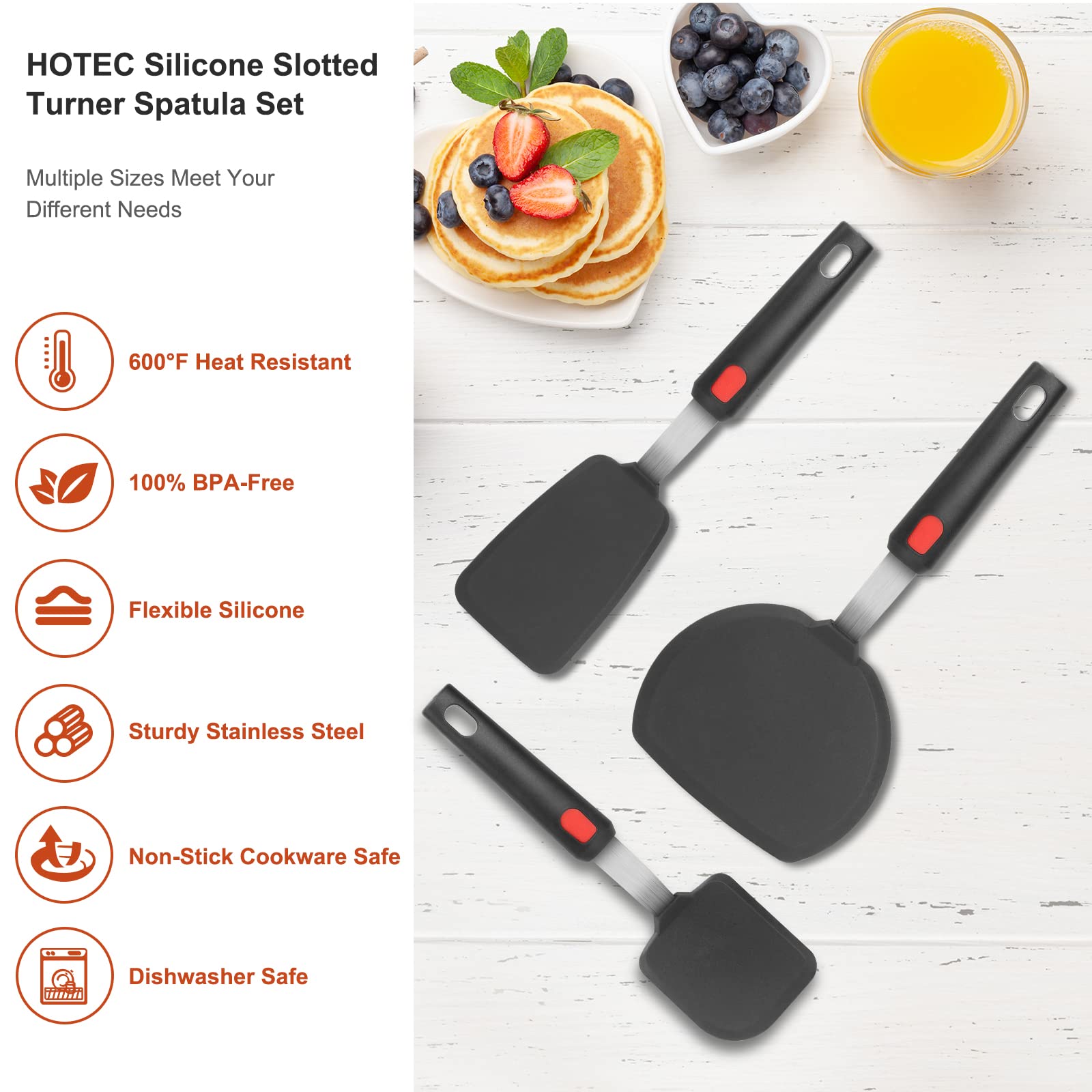Hotec Silicone Spatula Turner for Nonstick Cookware, Flexible 600F Heat Resistant Cooking Utensils, Ideal for Flipping Eggs, Burgers, Pancakes, Crepes(3 Pack)