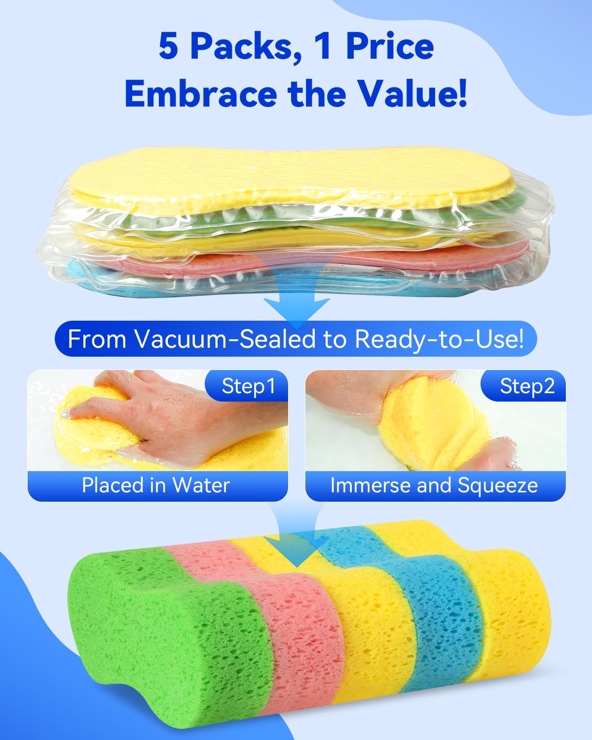 5-Pack Car Wash Sponges, 9.1" x 4.3" x 2.4" Large Sponges, Extra Thick Foam Kit for All-Purpose Cleaning, Ideal Washing Sponges for Kitchen, Bathroom, Household