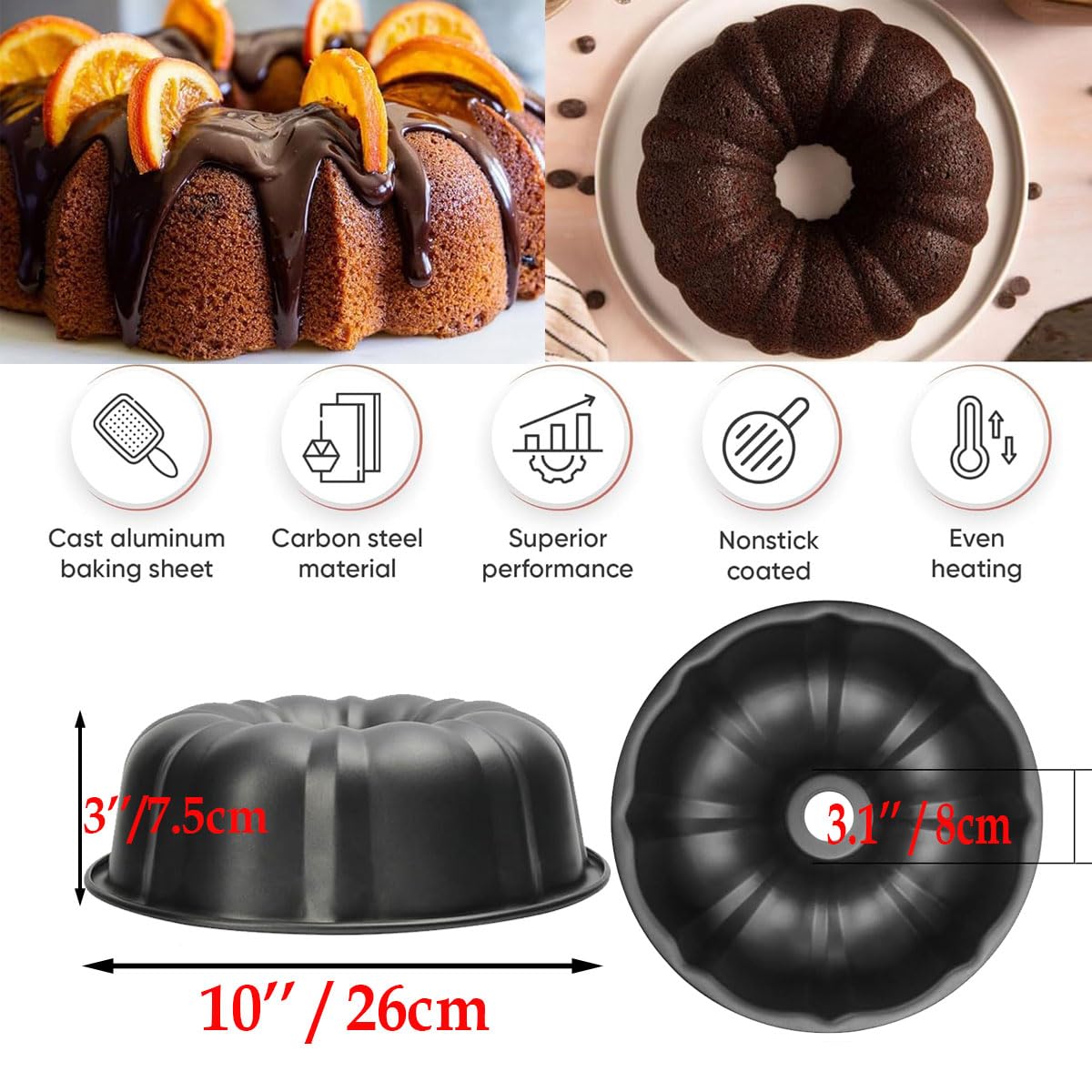 Cake Pans, 26cm/ 10'' Non-Stick Fluted Cake Pan, Heavy Duty Carbon Steel Tube Pan Baking Mold, Perfect Bakeware for Bavarois, Brownie, Jello, Flan, Meatloaf,Pudding (10'')