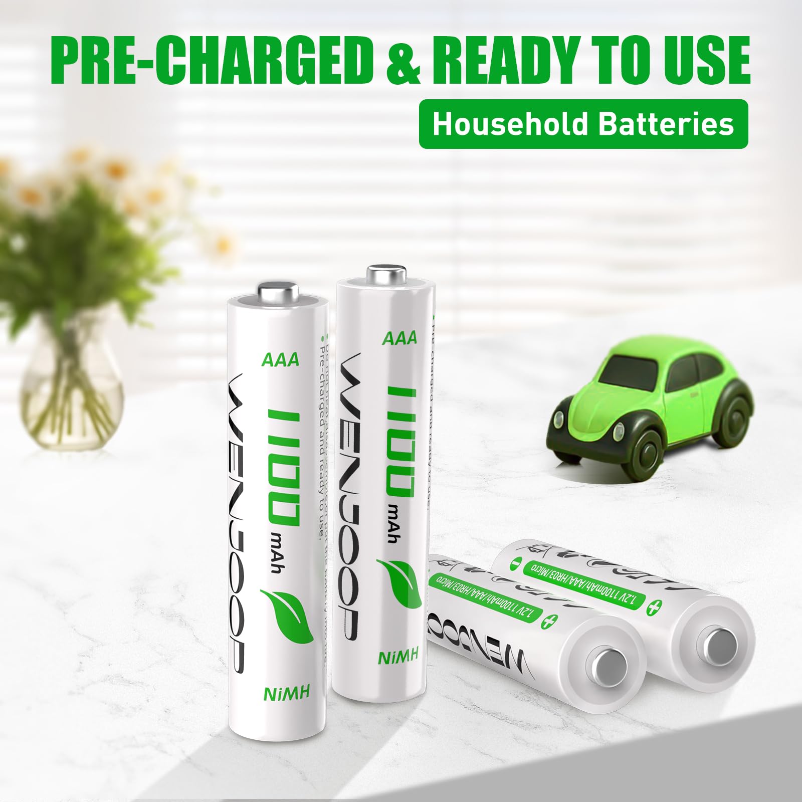WENJOOP AAA Rechargeable Batteries 24-Pack, 1100mAh High-Capacity NiMH, Pre-Charged, 1200 Recharge Cycles, Low Self-Discharge – Ideal for Toys, Remotes, Flashlights