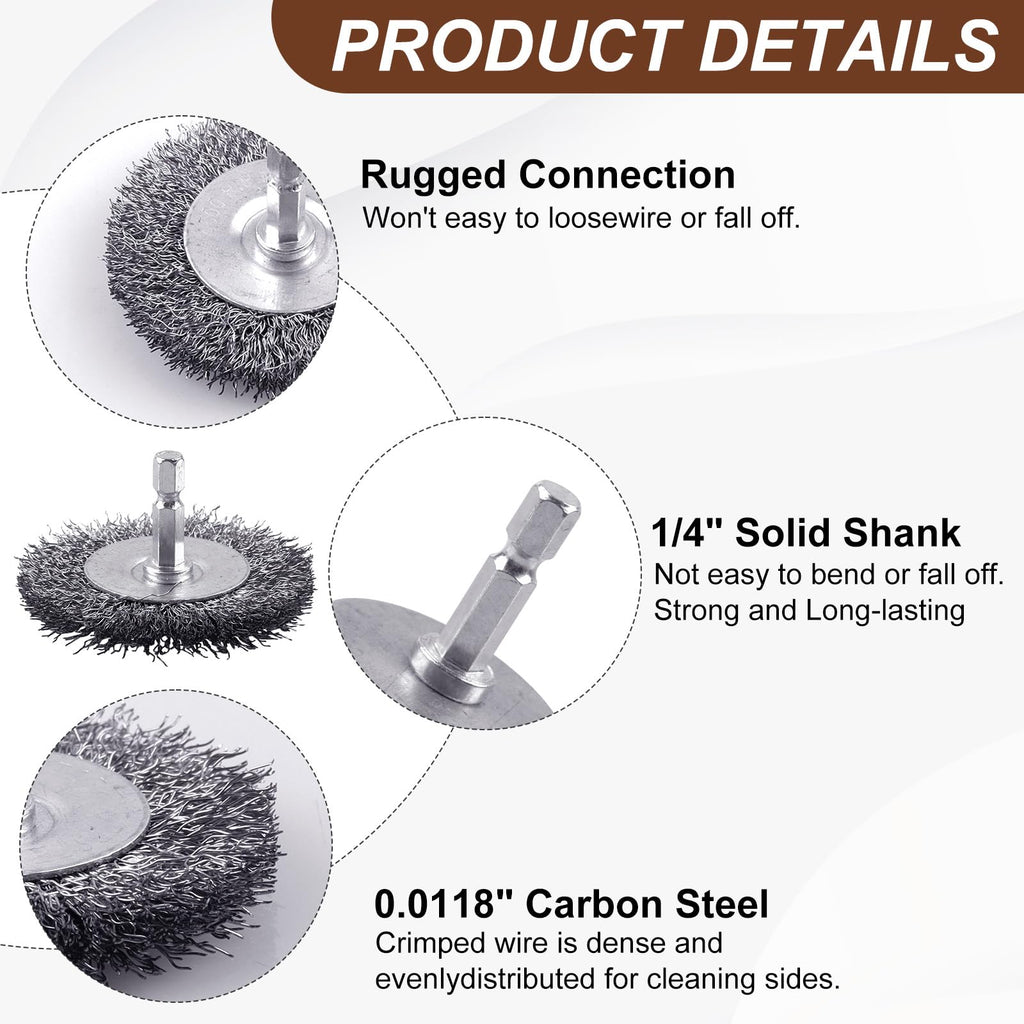AOKLIT 9 Pack Carbon Steel Drill Wire Brush, 1/4-Inch Hex Shank, Cup/ Wheel/ Pen Brush Set for Rust Removal, Corrosion and Scrub Surfaces