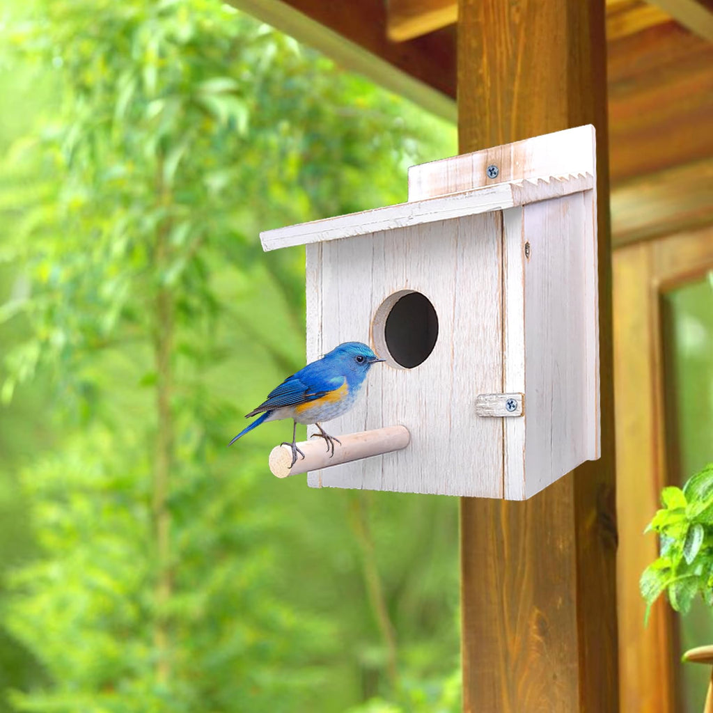 NATUREYLWL Wooden Bird Houses for Outside, Outdoor Bird House with Pole, Weatherproof Birdhouse for Finch,Bluebird,Cardinals, Hanging Birdhouses, Nesting Box for Garden Birds