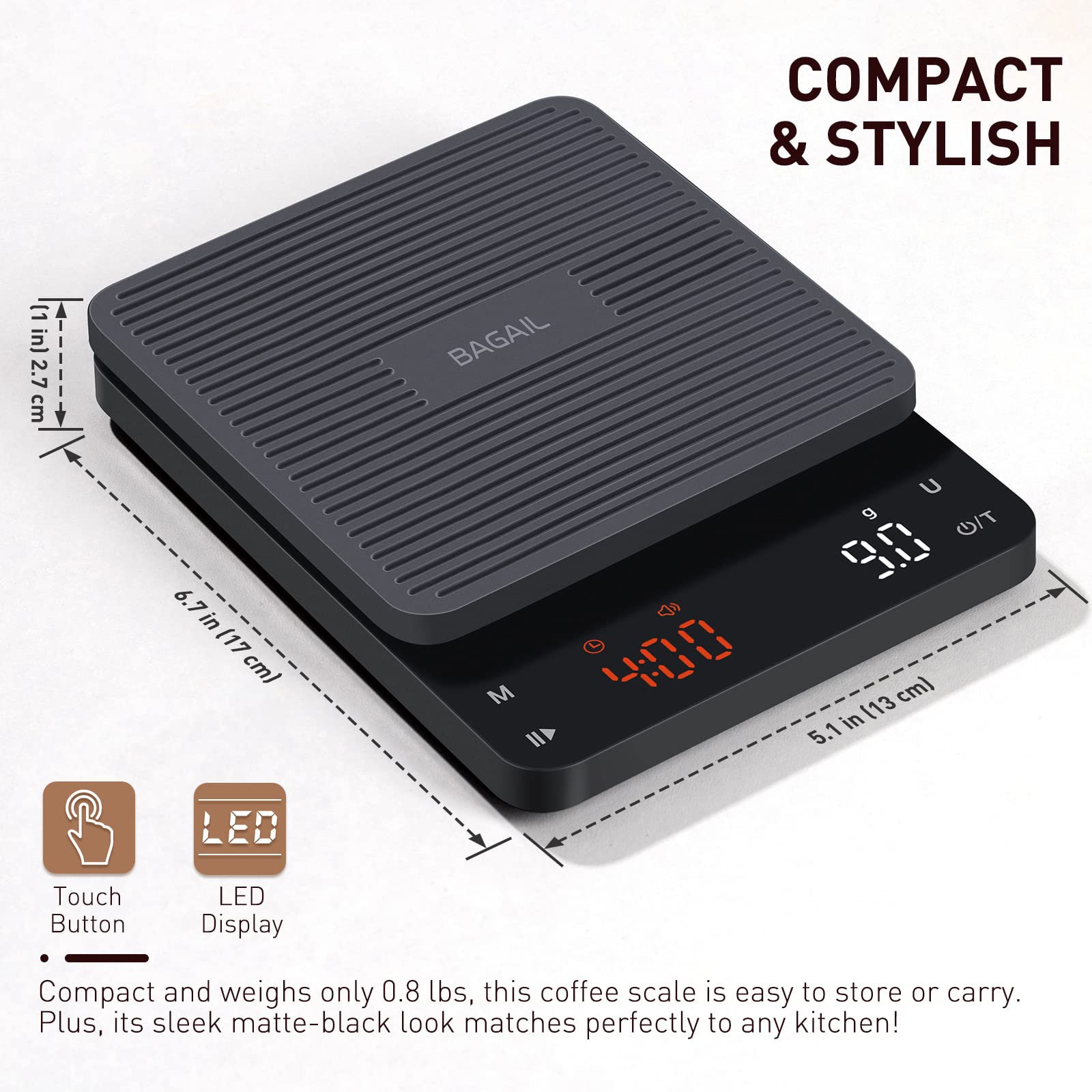 BAGAIL BASICS Kitchen Scale with Timer, 0.1g High Precision Coffee Scale, Drip Espresso Scale with Auto Tare, Touch Sensor and Silicone Cover - 6.6 lbs/3 kg