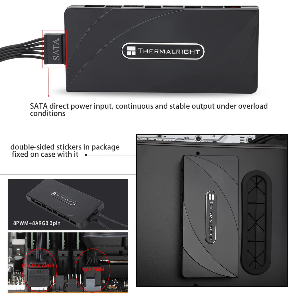 Thermalright ARGB and HUB Controller Support 8 Groups of Fans, 8-Port 3 Pin PC Fan Controller, 5V Fan Hub, Strong Paste+Magnetic Suction, SATA Power Cord Direct Input (12V 4-pin RGB is not Supported)