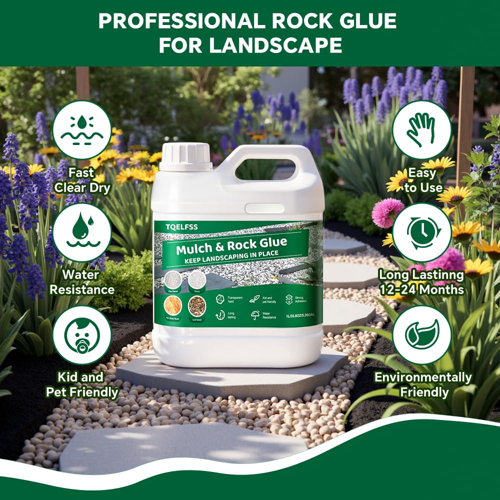 Rock Glue,1L/0.26Gal Mulch Glue for Landscaping,Fast-Drying Adhesive Reliable & Long-Lasting & Dries-Clear Strong Pea Gravel Binder for Wood Chips,Sand,Pine Straw,Pebbles,Stone