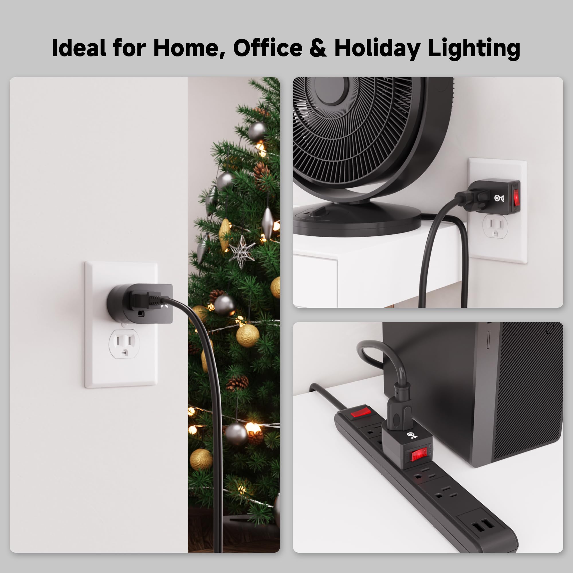Cable Matters 3 Pack Grounded Outlet with ON Off Switch, Single Outlet Switch / Plug Switch in Black