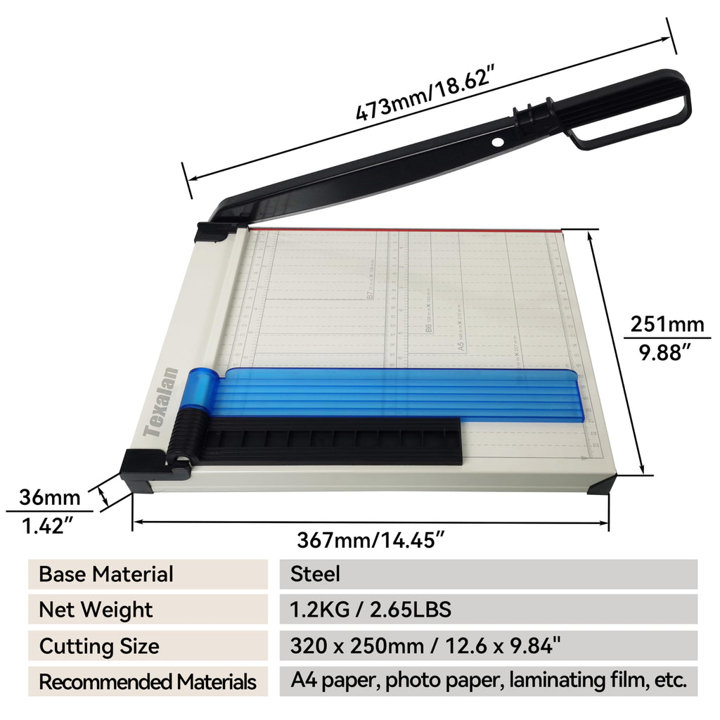 TEXALAN(R) Paper Cutter Letter Size Paper Trimmer 12” Cut Length 12 Sheet Capacity Guillotine Paper Photo Cutter with Magnet Clamp, Paper Guide, Size Guideline