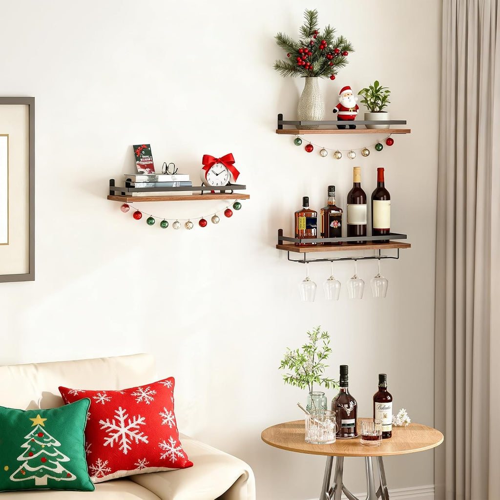 HOOBRO Wine Rack Wall Mounted 3 Pack, Wine Shelf Hanging Floating Wall Shelves, Wine Glass Bottle Rack Stemware Holder, for Living Room, Dining Room, Kitchen, Rustic Brown and Black BF34BJ01