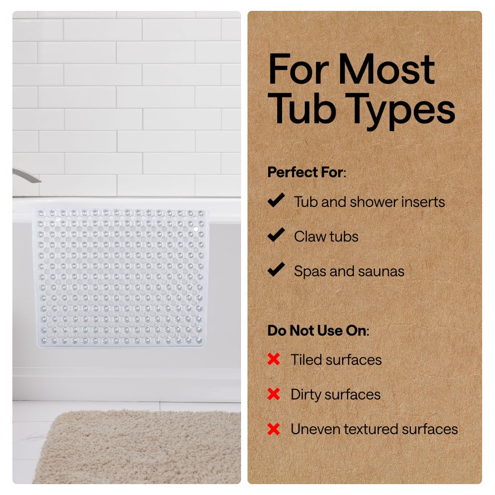 GORILLA GRIP Patented Bath Tub Shower Mat, Machine Washable Bathtub Floor Liner Mats, Suction Cups and Drain Holes to Keep Tubs Clean, Bathroom Essentials, 89x41 cm, Clear