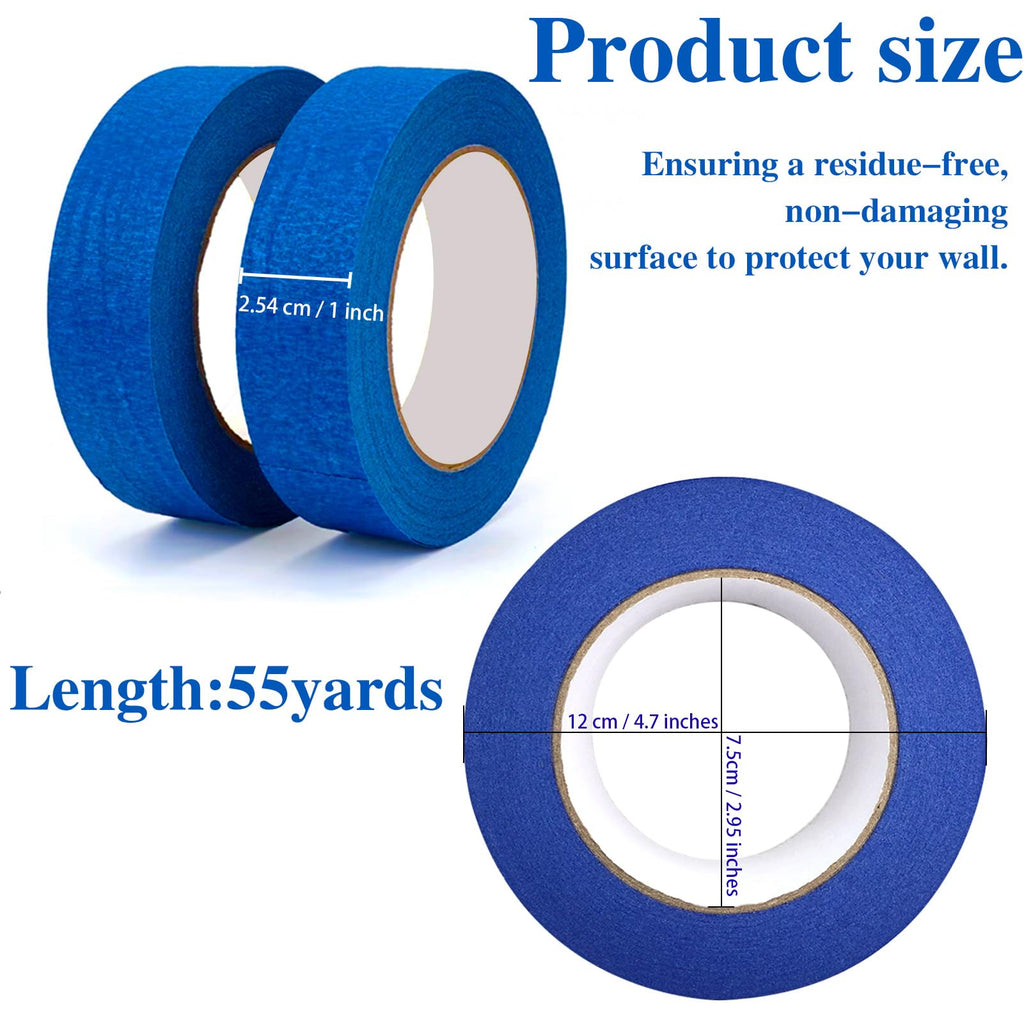 Blue Painters Tape, 6 Packs Painter Tape for General Purpose Use, UV Anti Residue Free, Wall Painting Masking with Sharp Lines for Painting Job, 24mm X 50m X 6 Rolls, 300m in Total.