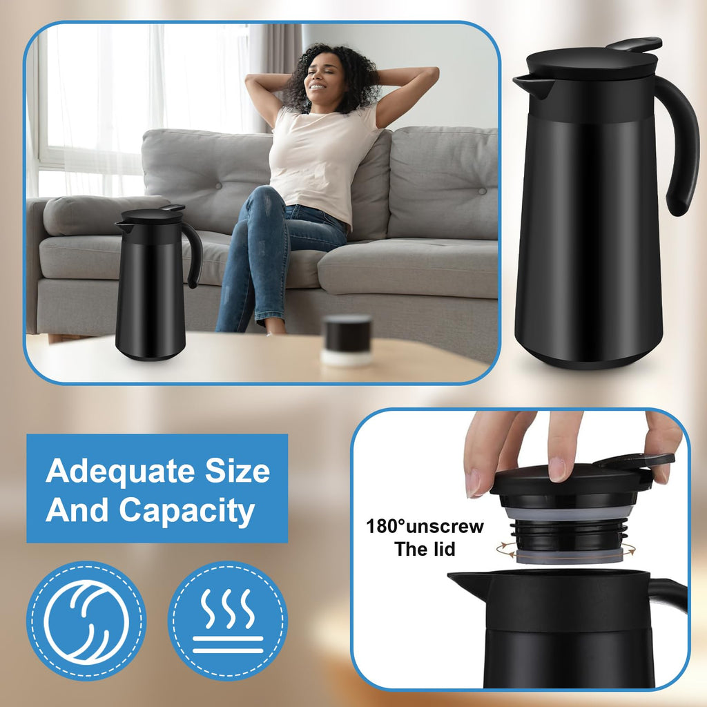 2 Pcs Thermal Coffee Carafe for Keeping Hot/Cold, 27oz Stainless Steel Double Wall Vacuum Carafe,Small Thermal Pot Flask for Coffee,Tea,Hot Water,Hot Beverage(Black)
