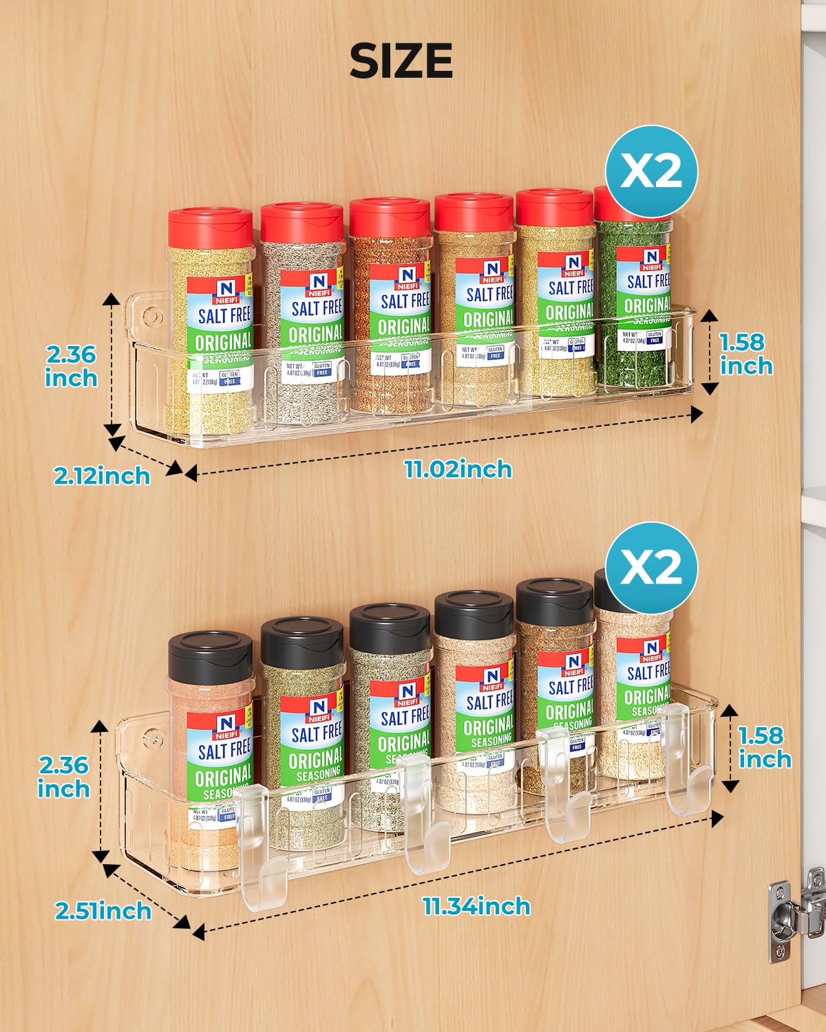 Nieifi Spice Rack Wall Mount, Spice Organizer for Spice Jars, Screw or Adhesive Hanging Spice Rack Organizer for Your Kitchen Cabinet or Pantry Door,4 Pack (Clear)