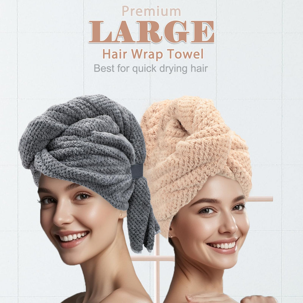 FREATECH 2-Pack Large Microfibre Hair Towel Wrap for Women, 86 x 26 cm Thicken Super Absorbent Hair Turbans, Anti-frizz Hair Drying Towel with Elastic Band for Wet Long Thick Curly Plopping Hair