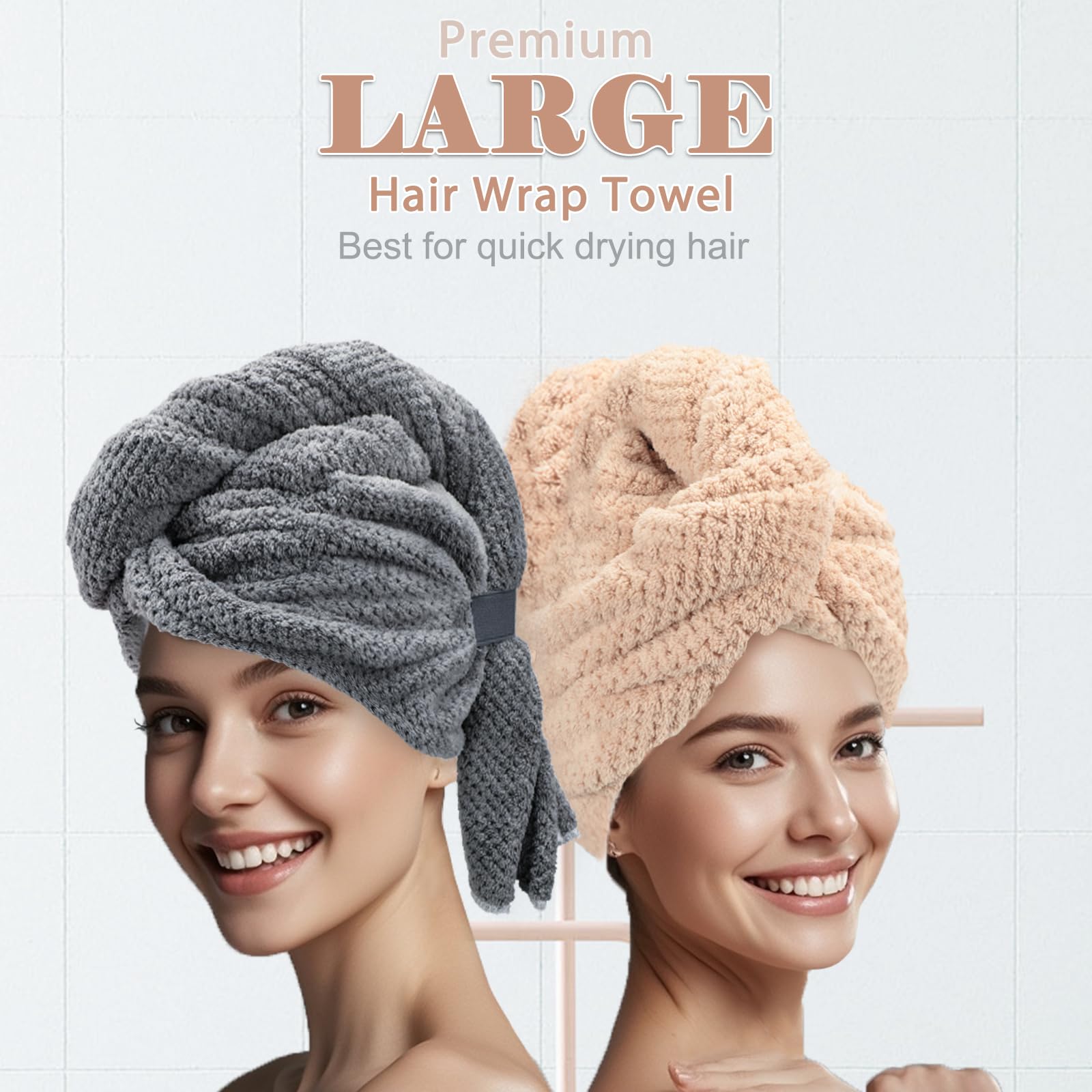 FREATECH 2-Pack Large Microfibre Hair Towel Wrap for Women, 86 x 26 cm Thicken Super Absorbent Hair Turbans, Anti-frizz Hair Drying Towel with Elastic Band for Wet Long Thick Curly Plopping Hair