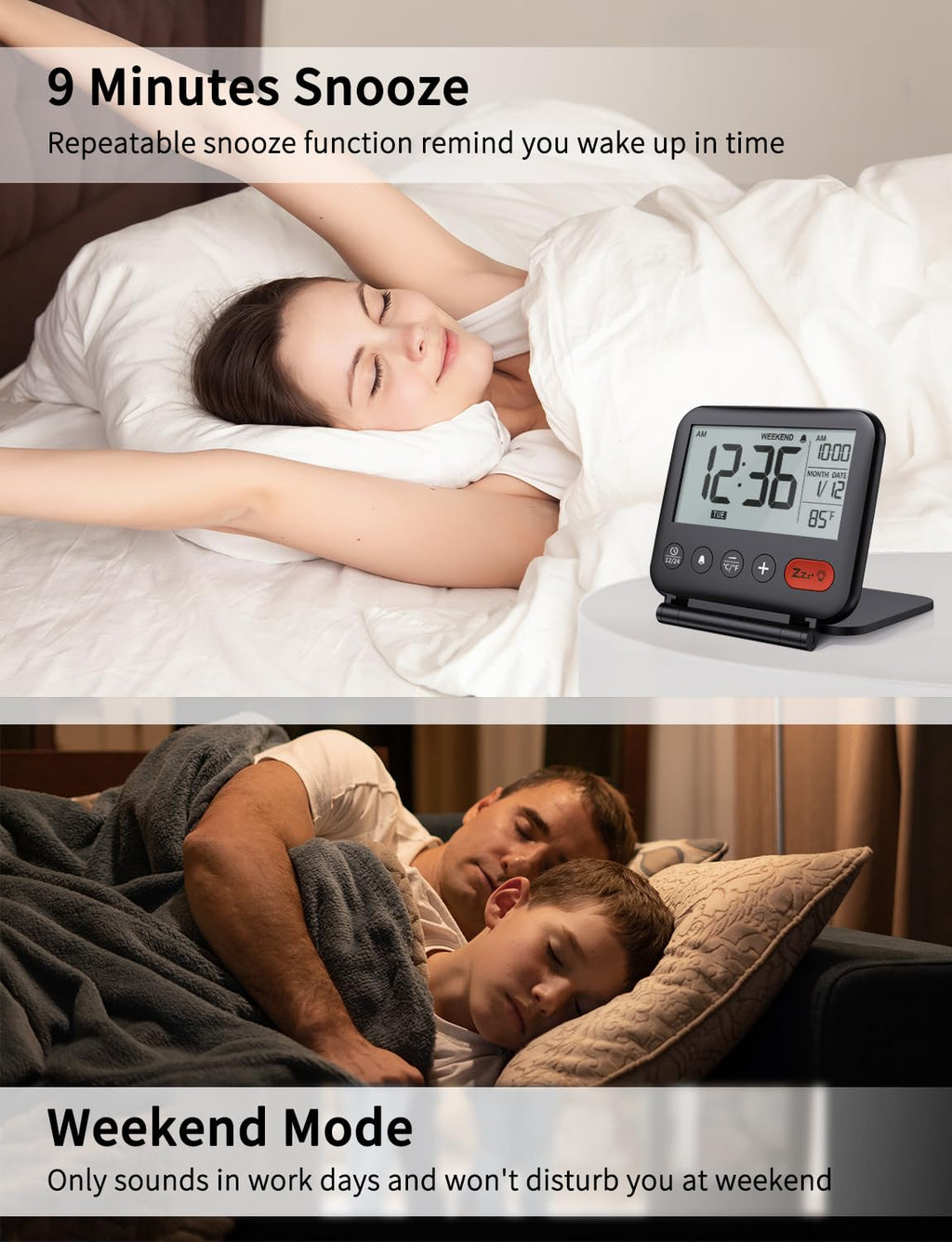 NOKLEAD Digital Travel Alarm Clock - 3.23 inch LCD Display, Temperature, 9-Minute Snooze, 10s Backlight, Battery Included (Black)