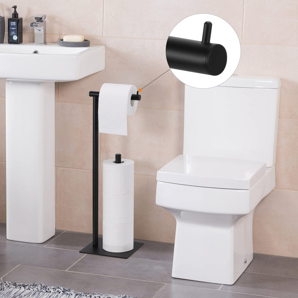 Toilet Paper Stand Tissue Paper Holder Black Toilet Roll Dispenser Free Standing Tissue Paper Organizer Bath Paper Storage Holder Floor Toilet Paper Holder with Square Base for Lavatory (Black)