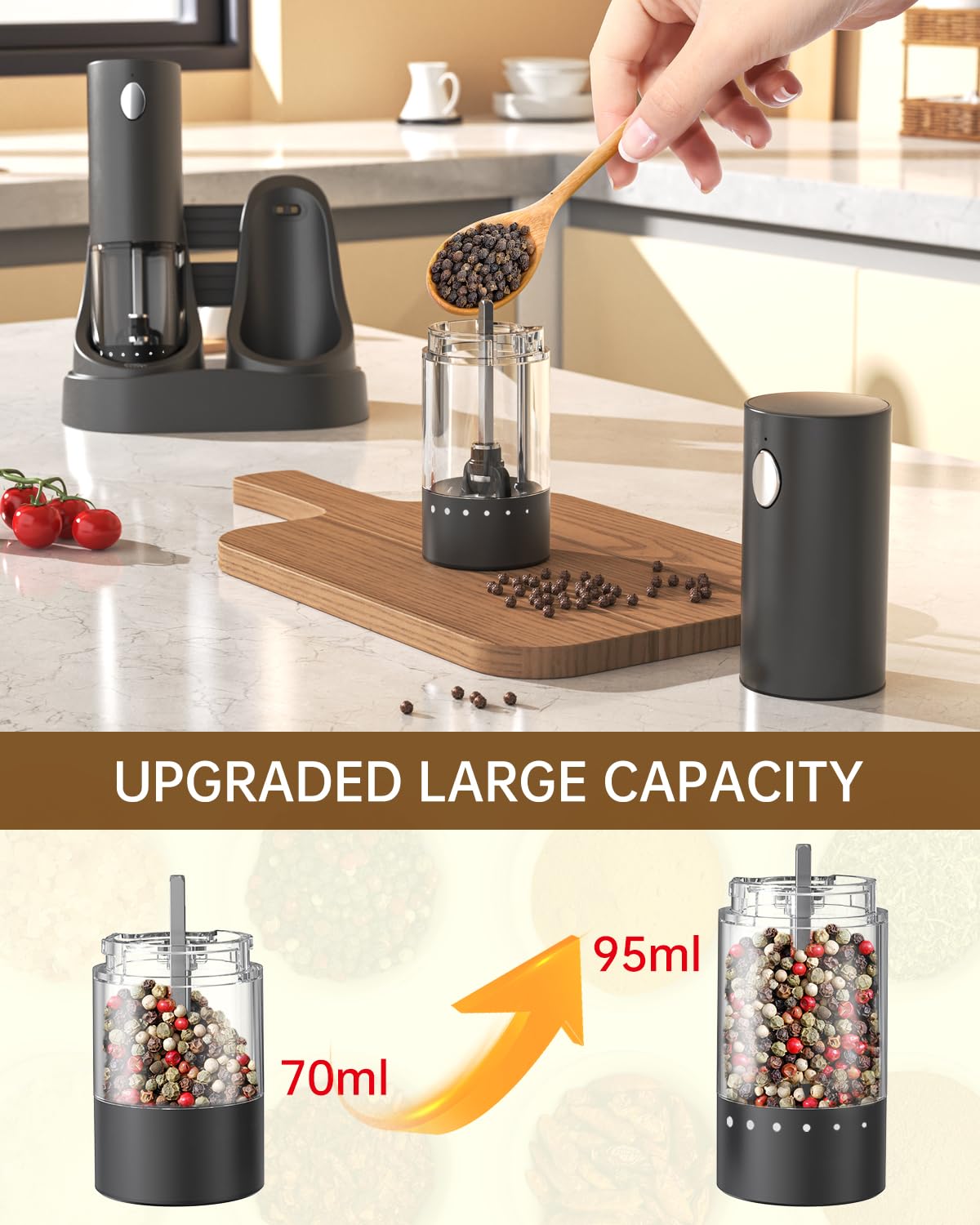 CIRCLE JOY Electric Rechargeable Salt and Pepper Grinder Set with Easy-to-Carry Dual Charging Base, Externally Adjustable, 100 ml Large Capacity, LED Light, Black