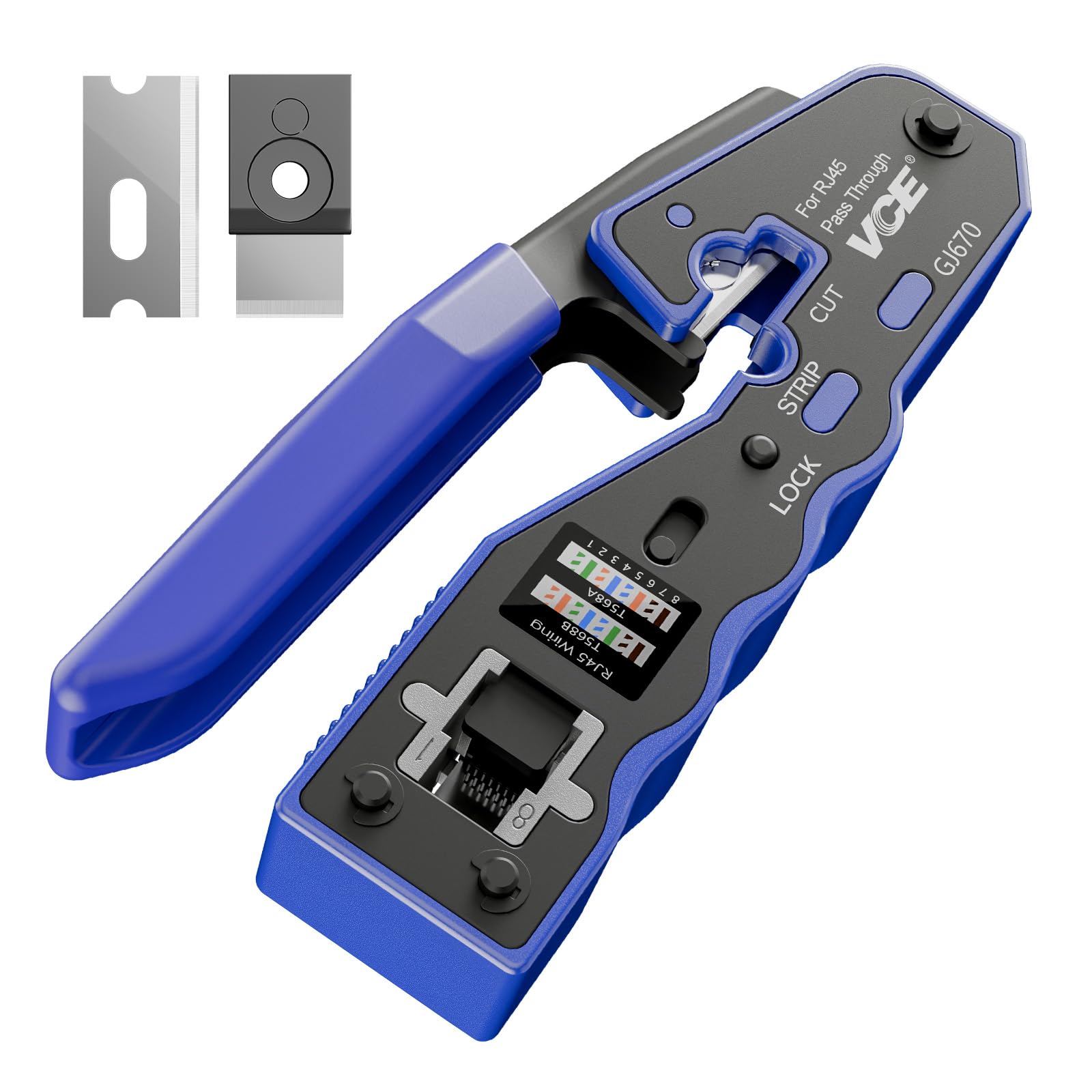VCE RJ45 Crimper Pass Through, Ethernet Crimping Tool for Cat6 Cat7 Cat5 End Pass-Thru Connector, Support Stripping & Cutting