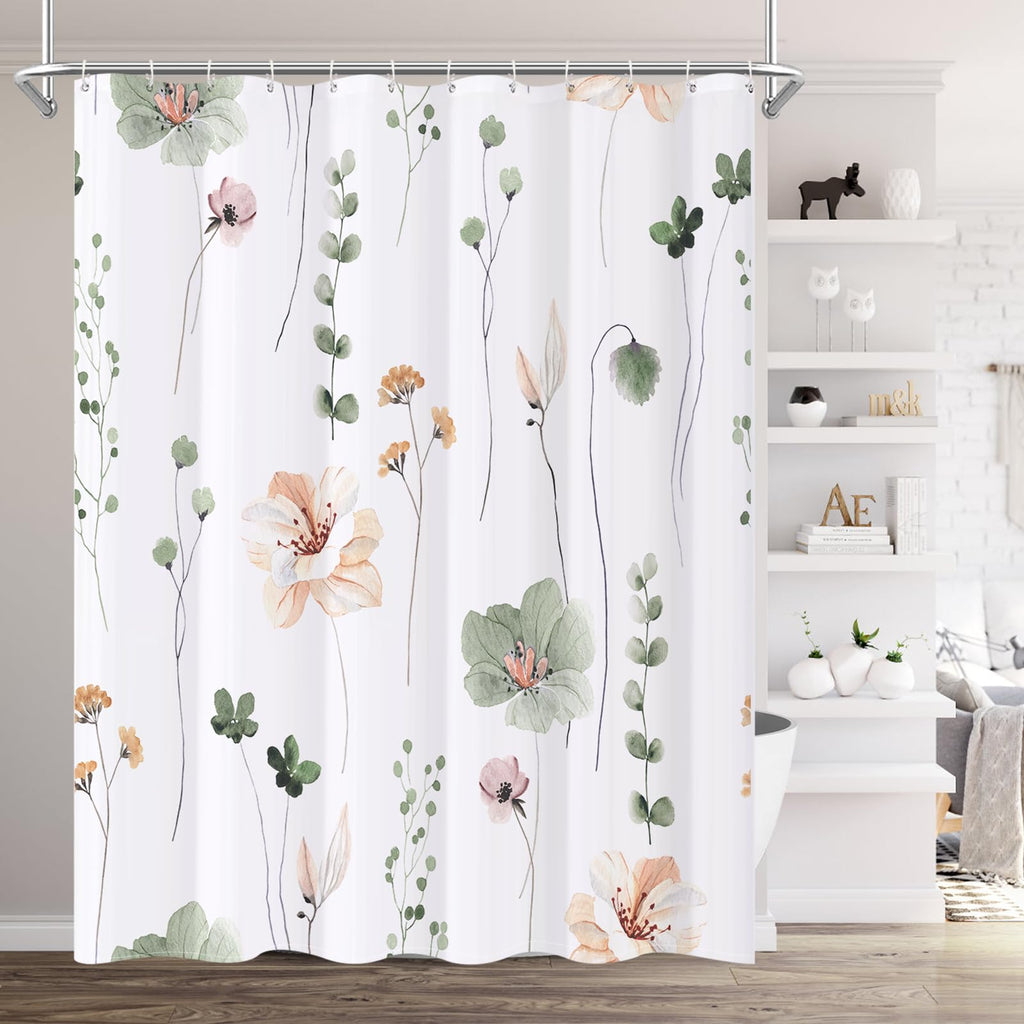 XZTXBest Boho Shower Curtain, Sage Green Beige Flower Bath Curtain for Bathroom, Modern Minimalist White Bathroom Curtain, Mildew Resistant, Weighted Hem, Waterproof Fabric with 12 Hooks 72x72 Inches