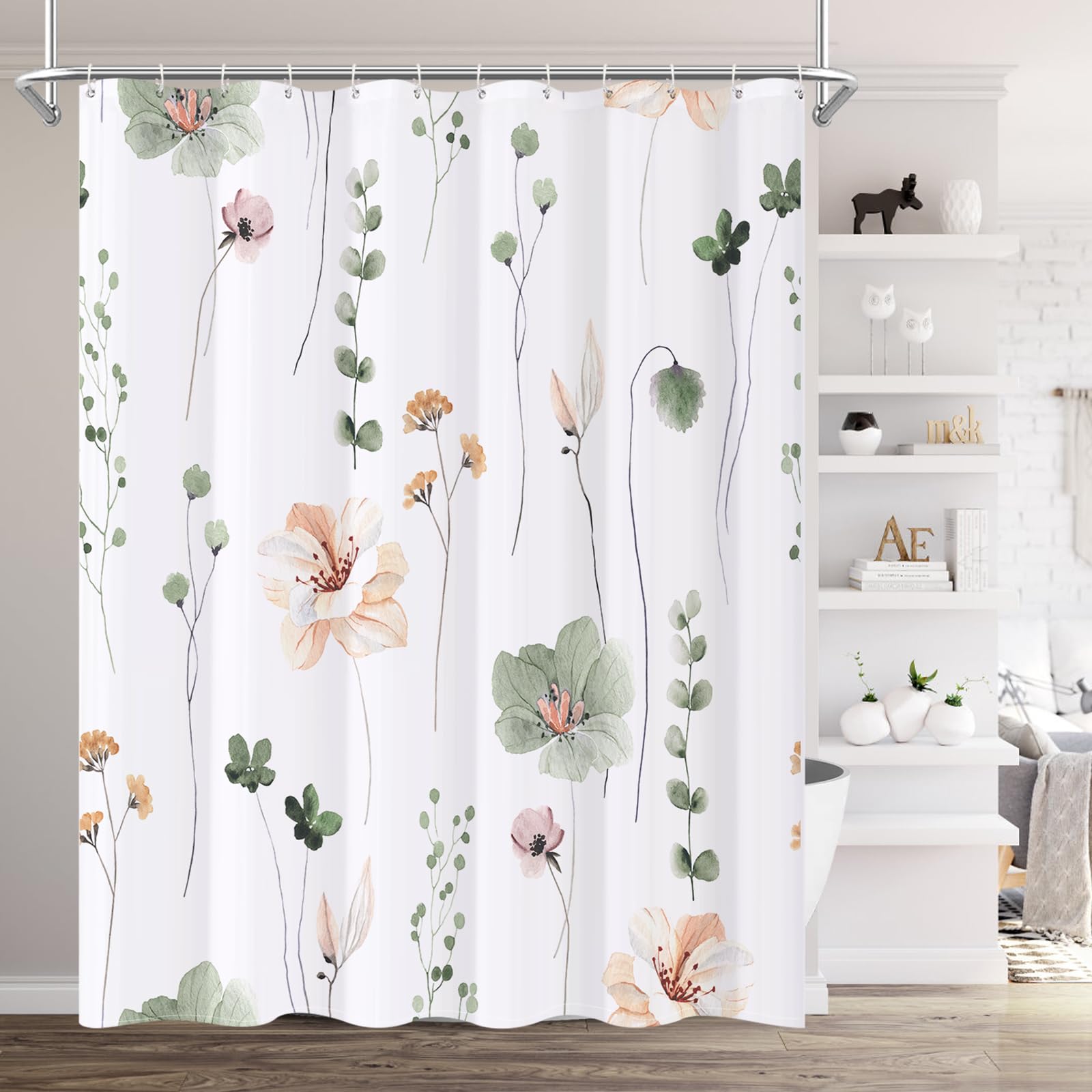 XZTXBest Boho Shower Curtain, Sage Green Beige Flower Bath Curtain for Bathroom, Modern Minimalist White Bathroom Curtain, Mildew Resistant, Weighted Hem, Waterproof Fabric with 12 Hooks 72x72 Inches