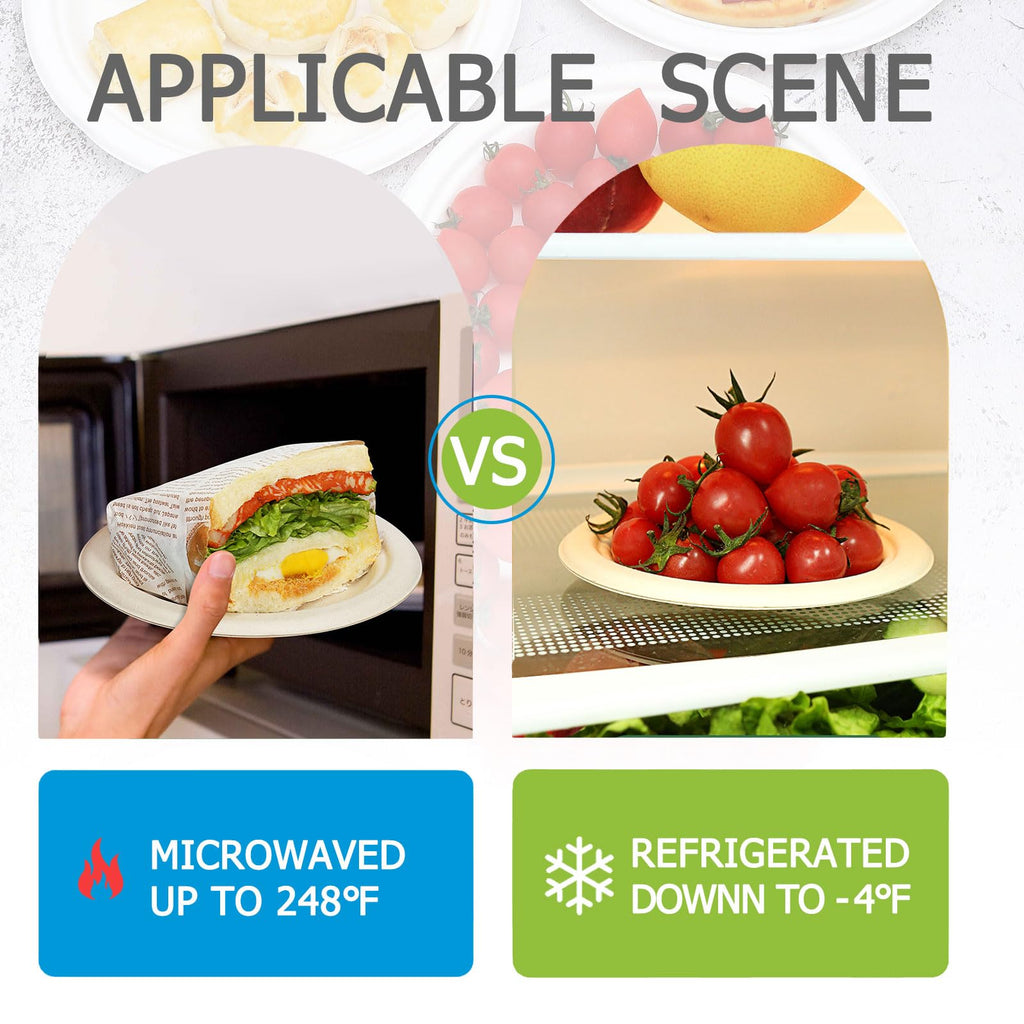 Disposable Large White Paper Plates 9 Inch - 100 Counts Heavy Duty Natural Bagasse Plates, Compostable & Oil-Proof, Microwave Safe for Family Christmas Dinner, Kids Pizza Nights & Fried Chicken Meals