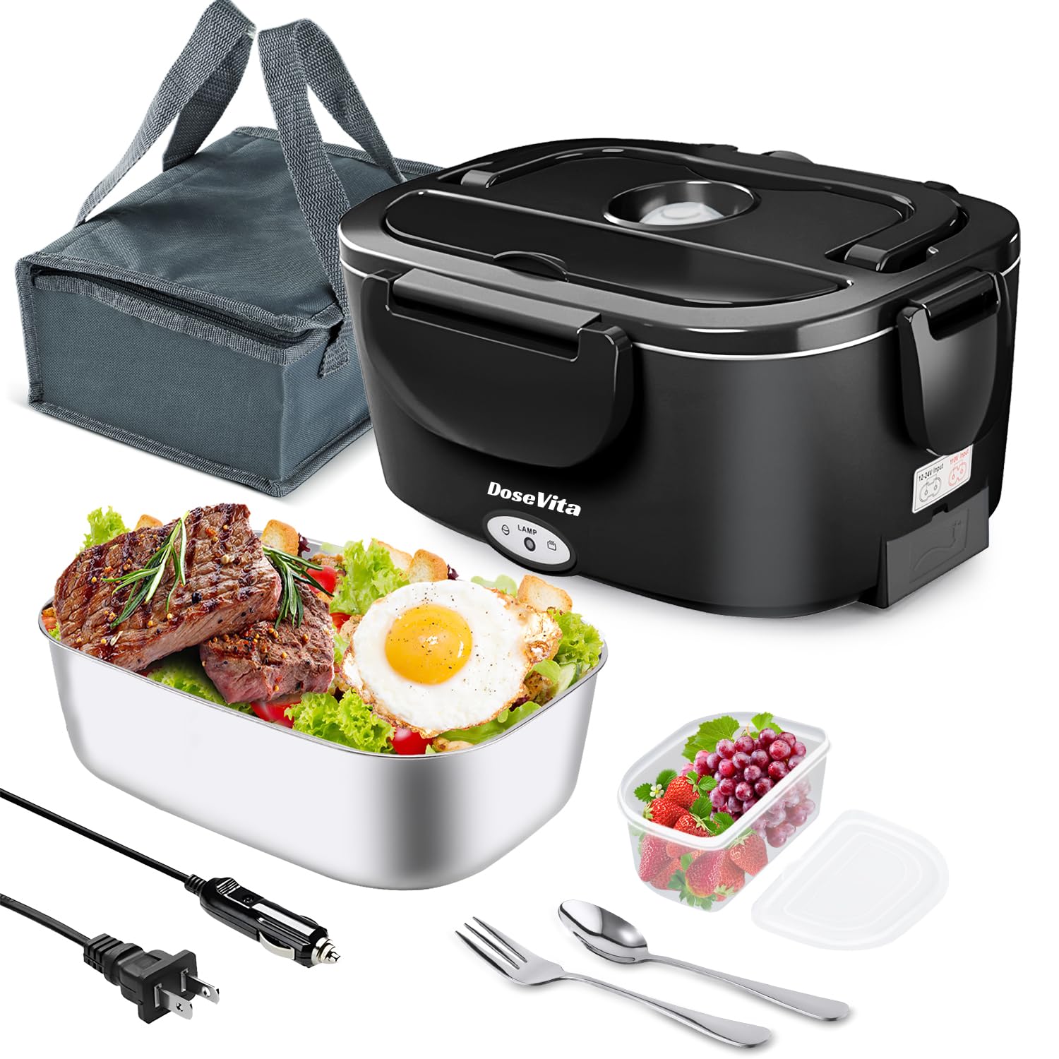 Dosevita Electric Lunch Box for Adults, 80W Heated Lunch Box 1.5L 304 Stainless Steel Portable Food Warmer,12/24/110V Lonchera Eléctrica Portátil for Car, Truck, Work, Travel (Black1)