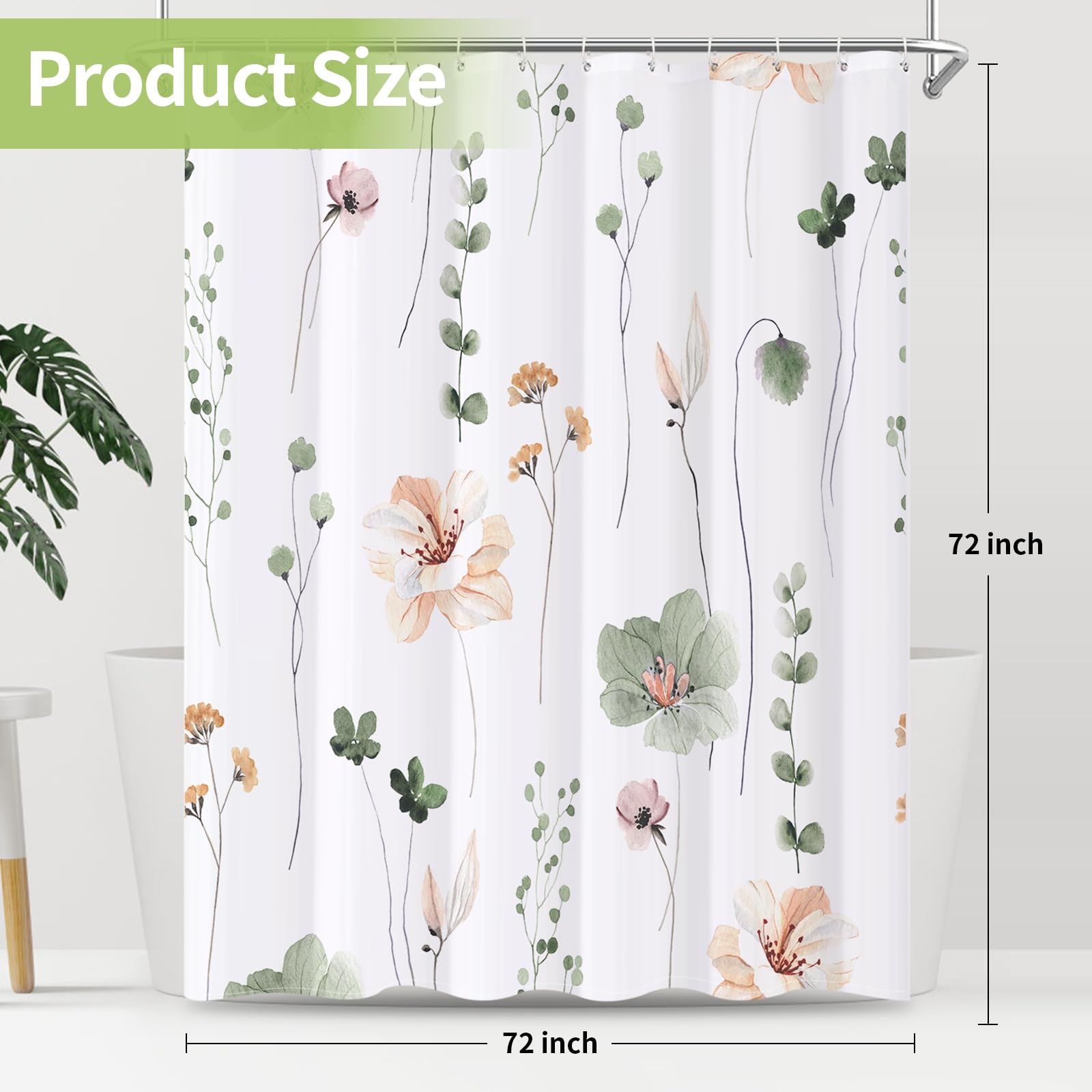 XZTXBest Boho Shower Curtain, Sage Green Beige Flower Bath Curtain for Bathroom, Modern Minimalist White Bathroom Curtain, Mildew Resistant, Weighted Hem, Waterproof Fabric with 12 Hooks 72x72 Inches