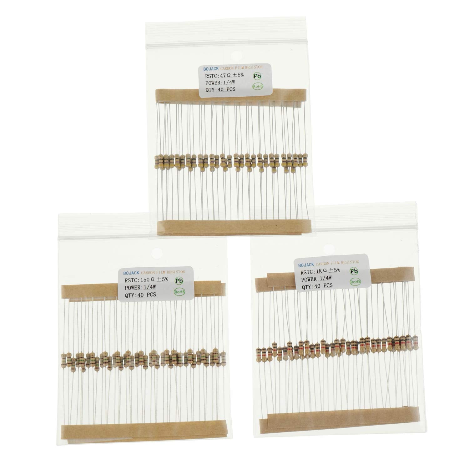 BOJACK 1000 Pcs 25 Values Resistor Kit 1 Ohm-1M Ohm with 5% 1/4W Carbon Film Resistors Assortment
