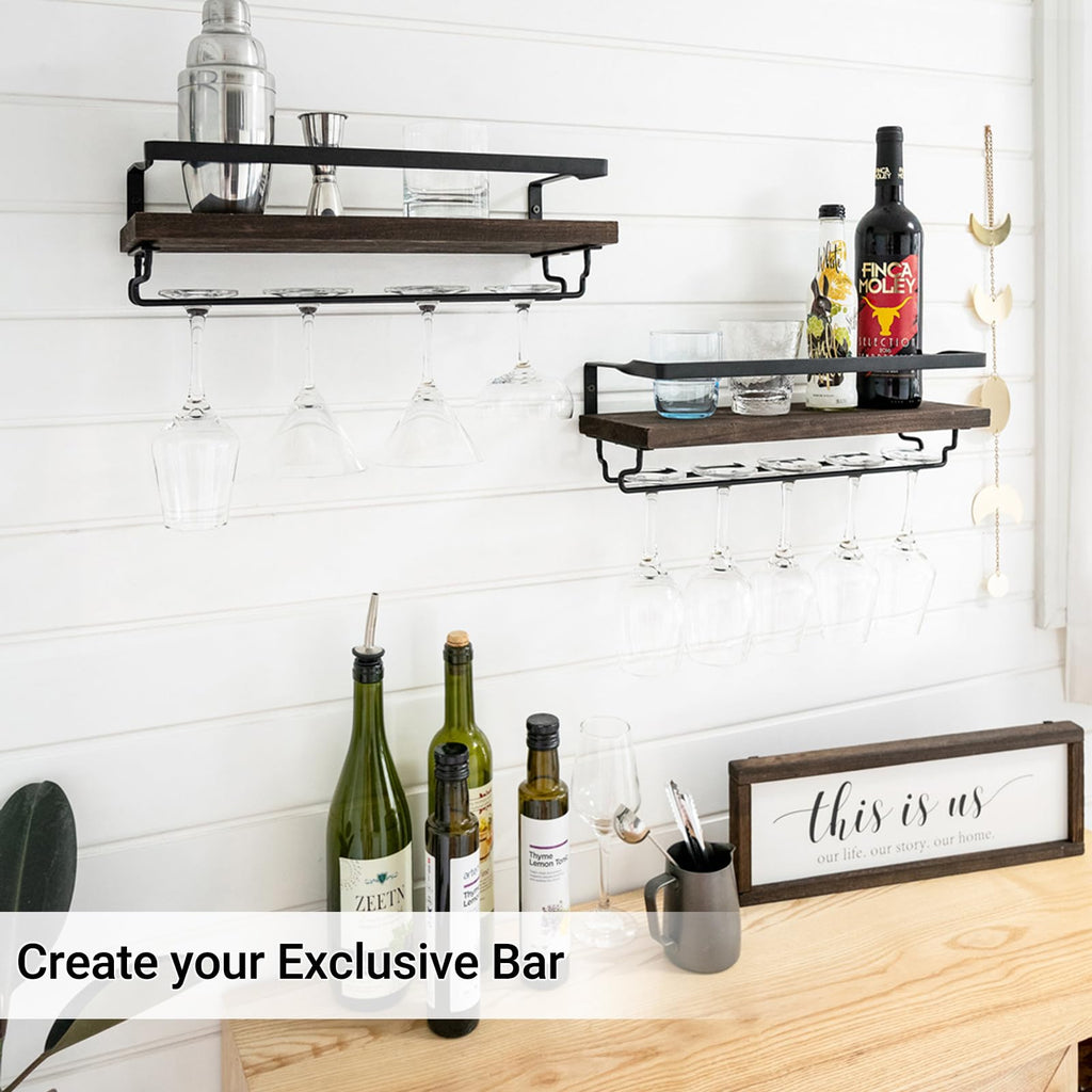 Mkono Wall Mounted Wine Rack Set of 2 Wood Rustic Wine Bottle Glass Floating Shelves with Stemware Hanger Modern Plants Photos Wine Display Storage Holder for Kitchen Dining Room Bar, 17 Inch