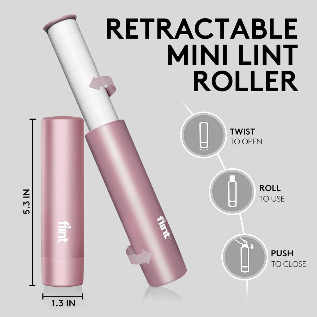 Flint Rose Gold Retractable Mini Lint Roller with 90 Extra Sticky Sheets, Small and Portable Lint Roller, Ideal Pet Hair Remover Lint Roller, Travel Lint Rollers and Lint Shaver for Clothes