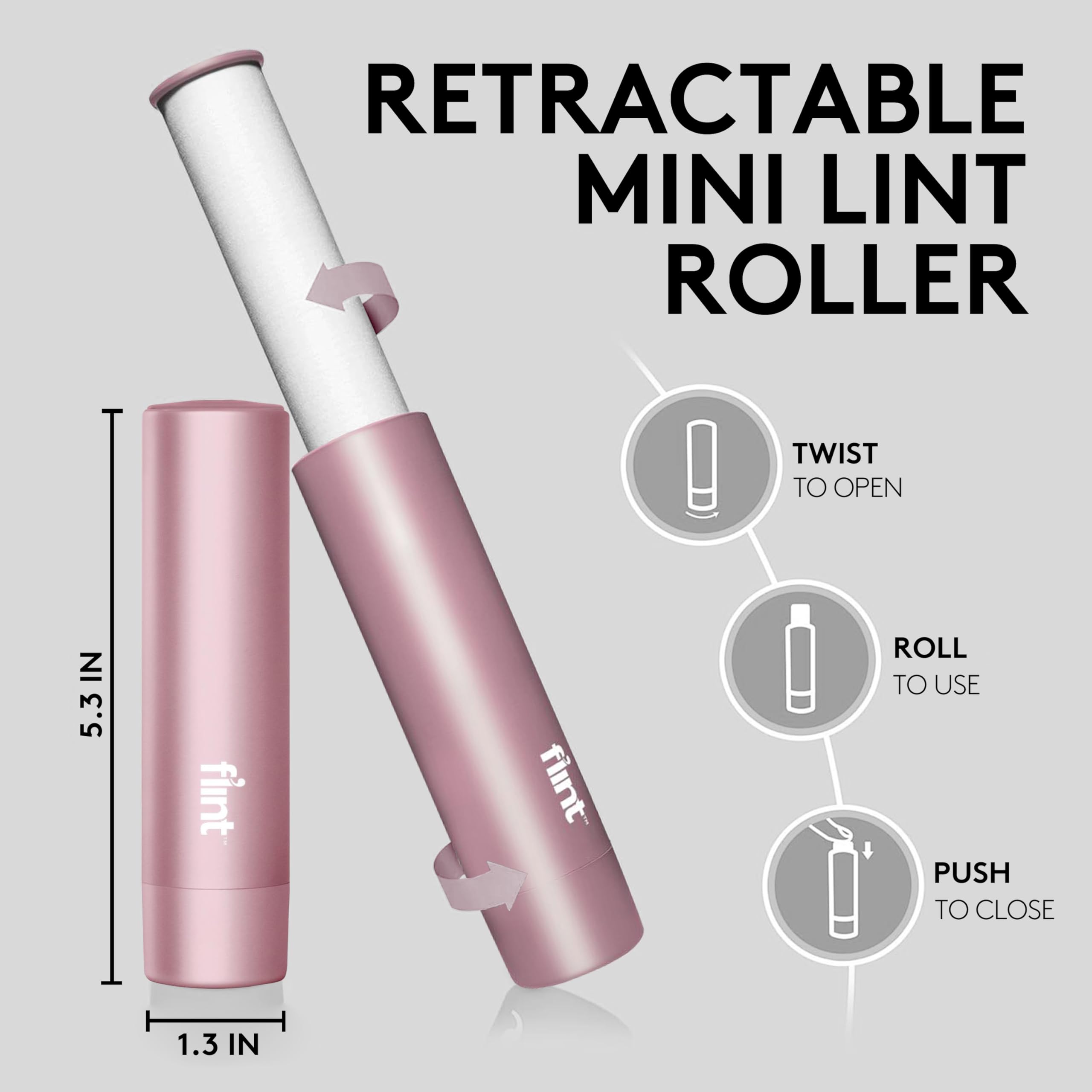 Flint Rose Gold Retractable Mini Lint Roller with 90 Extra Sticky Sheets, Small and Portable Lint Roller, Ideal Pet Hair Remover Lint Roller, Travel Lint Rollers and Lint Shaver for Clothes