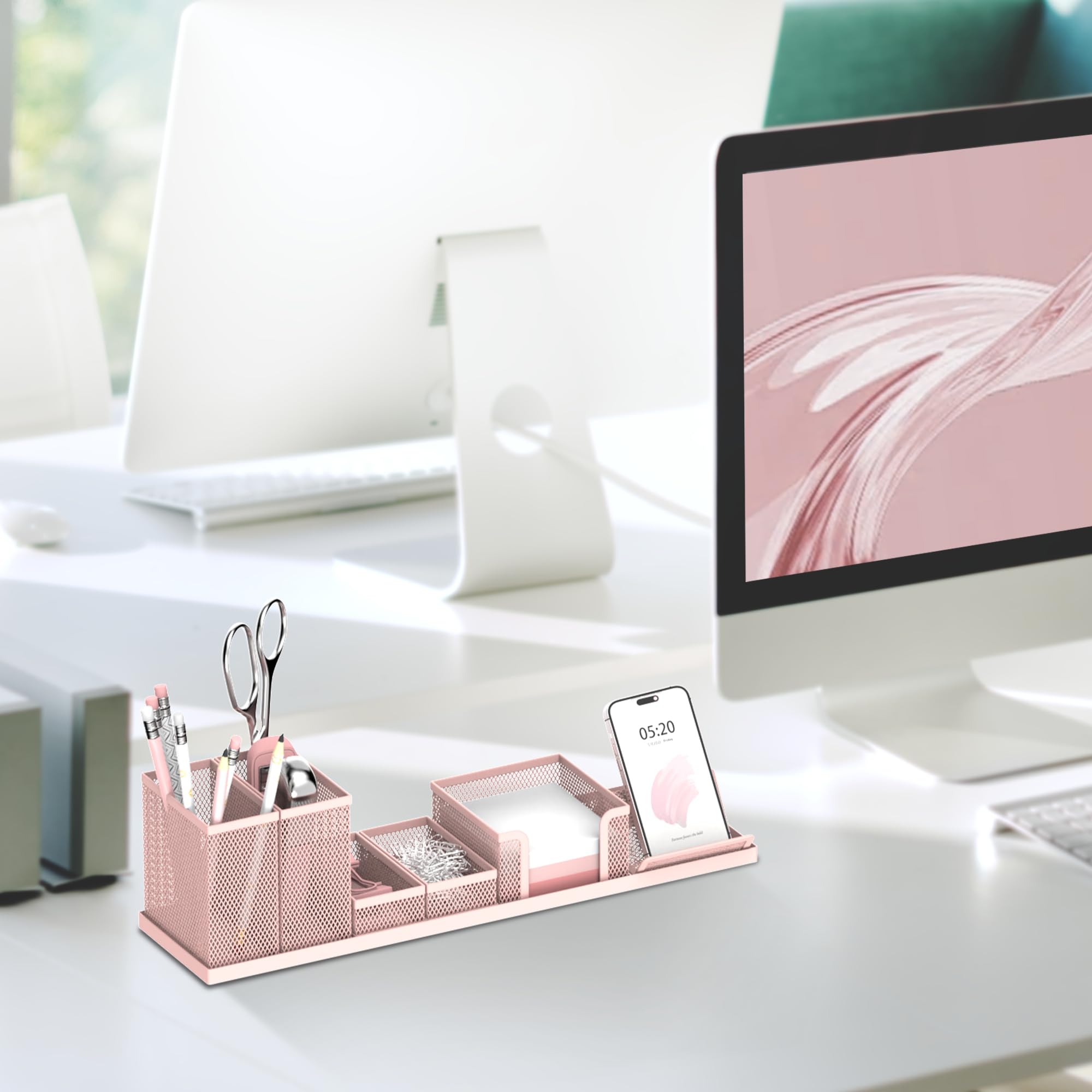 SUPEASY Desk Organizers and Accessories for Office Supplies Organization with 6 Compartments, Desk Organizer with Phone Holder, Pen Holder, Sticky Note Tray, Pink