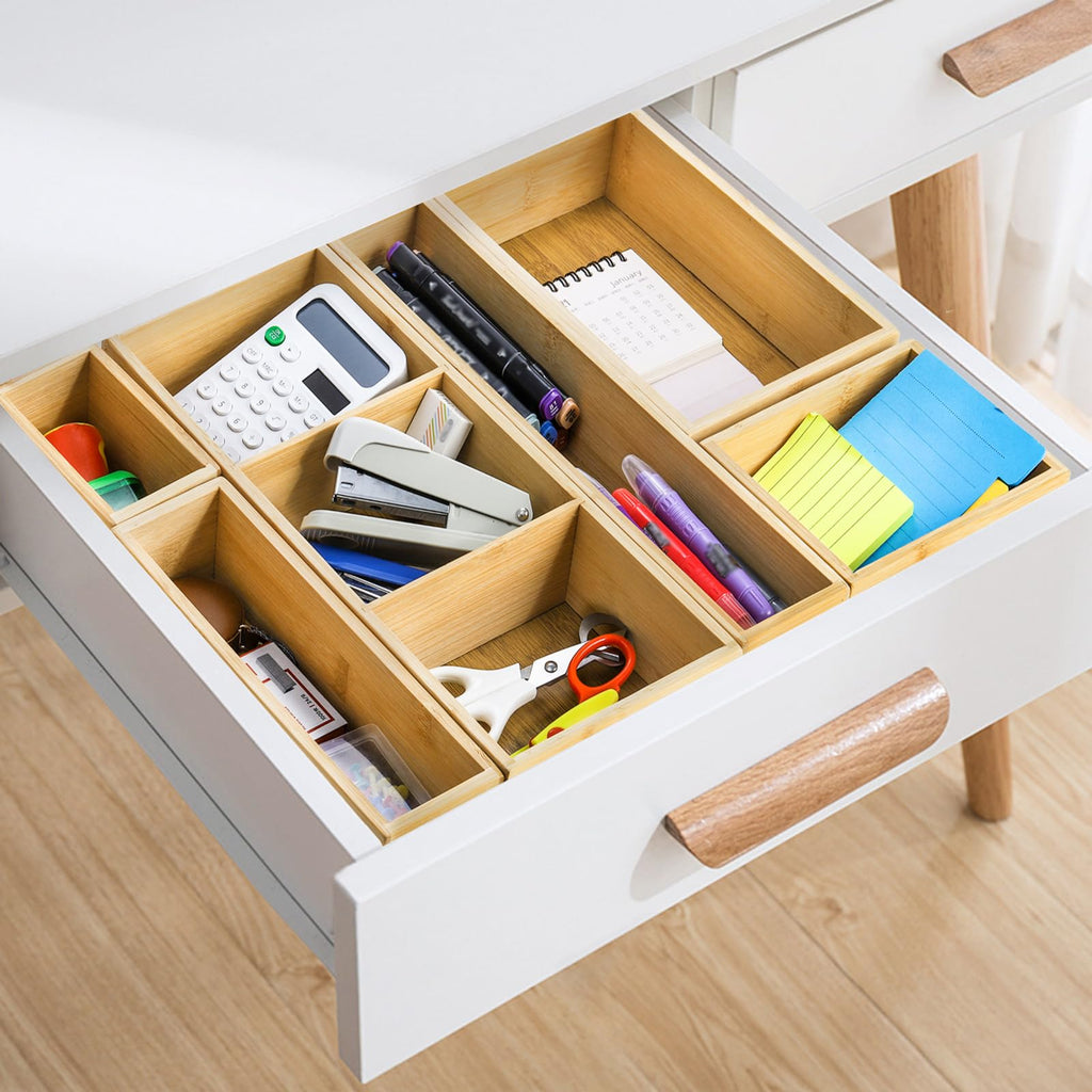 YOUEON Set of 6 Bamboo Drawer Organizers with Dividers Adjustable Multipurpose Storage Tray and Drawer Insert Box Bamboo Storage Boxes Divider Make-up Organiser for Home Office Kitchen Bedroom Desk