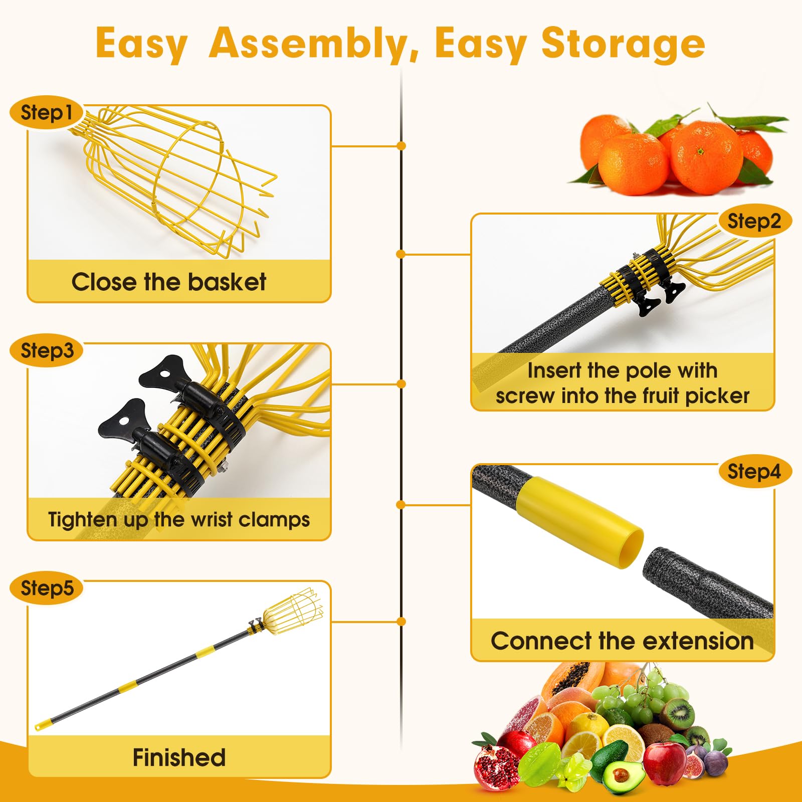 Fruit Catcher for Trees,10FT Fruit Picker Tool, Adjustable Fruits Picker with Pole and Big Basket, Fruit Catcher Equipment Tree Picker for Lemon Apple Mango Orange Avocados Fruit Picking Grabber Tool