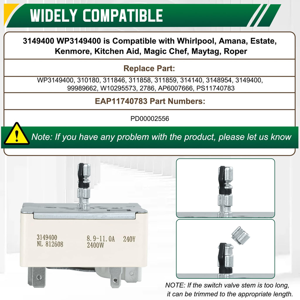 3149400 WP3149400 3148954 Range Burner Infinite Control Switch Fits for Whirlpool (8 Inch), Replace Parts W10295573, 99989662, 311858, 311859, 310180