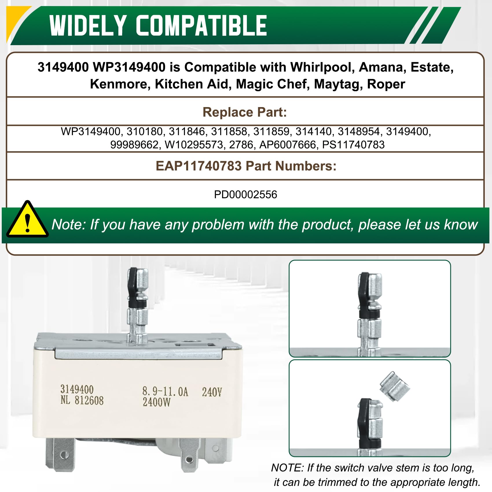 3149400 WP3149400 3148954 Range Burner Infinite Control Switch Fits for Whirlpool (8 Inch), Replace Parts W10295573, 99989662, 311858, 311859, 310180