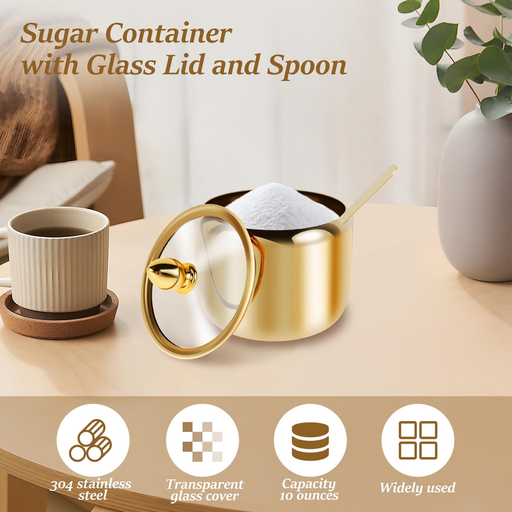 Spice Jar 304 Stainless Steel Sugar Container 10oz Sugar Jar with Clear Glass Lid and Spoon Gold Sugar jar Dishwasher Safe Seasoning Box Condiment Pot for Salt Candy Coffee Bean