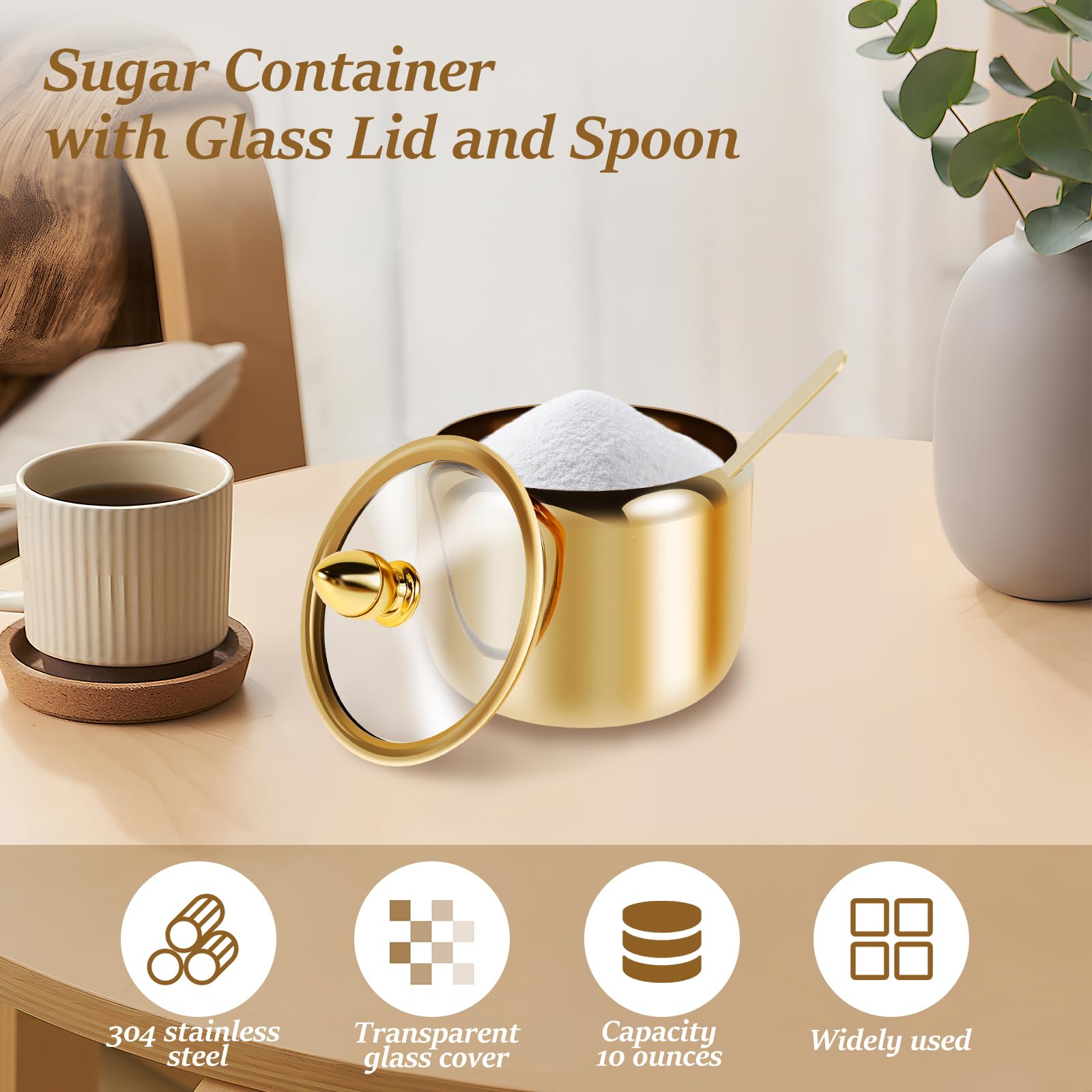 Spice Jar 304 Stainless Steel Sugar Container 10oz Sugar Jar with Clear Glass Lid and Spoon Gold Sugar jar Dishwasher Safe Seasoning Box Condiment Pot for Salt Candy Coffee Bean