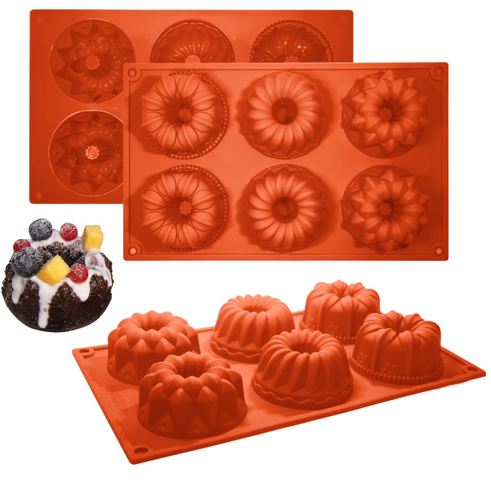 Mini Donut Pan 3 Pack, Non-Stick Silicone Baking Molds for Cupcakes, Bundt Cakes, Brownies, and Jello (Brick Red)
