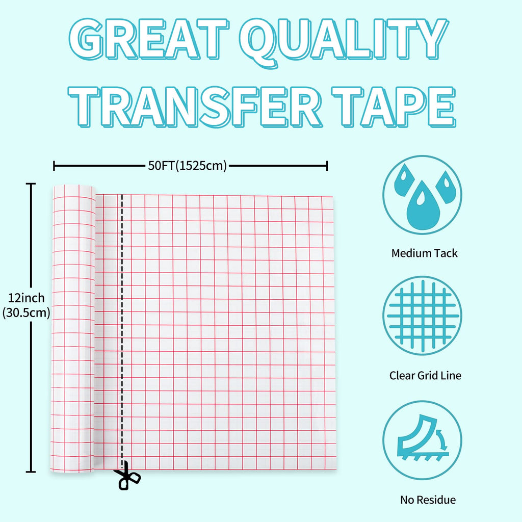 Lya Vinyl Transfer Tape for Vinyl - 12”x50FT Roll with Red Grid Medium Tack Vinyl Transfer Tape for Silhouette Cameo, Permanent Vinyl for Decals, Mugs, Walls, Windows