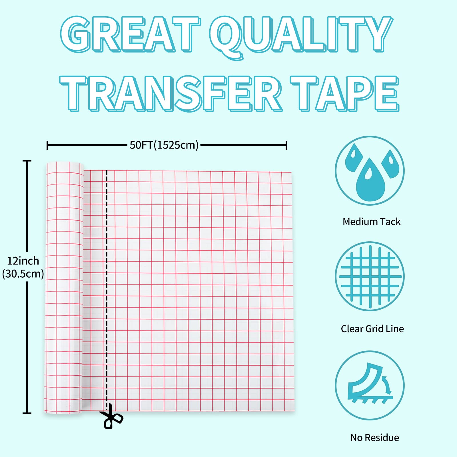 Lya Vinyl Transfer Tape for Vinyl - 12”x50FT Roll with Red Grid Medium Tack Vinyl Transfer Tape for Silhouette Cameo, Permanent Vinyl for Decals, Mugs, Walls, Windows