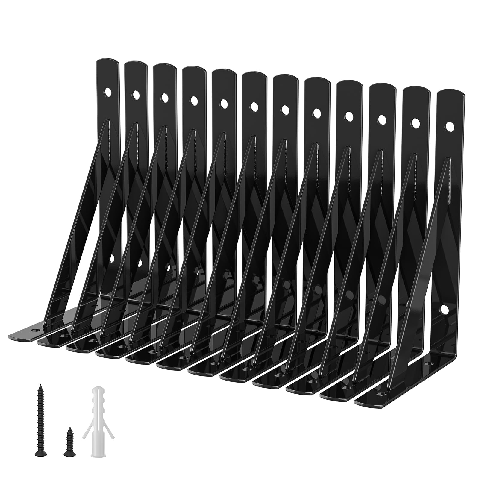 Cudebo 12 Pack 6 Inch Shelf Brackets Wall Mounted, Triangle Bracket Metal Shelving Brackets Support for Kitchen Bookshelf Home Decoration, Mounting Hardware Included, Black
