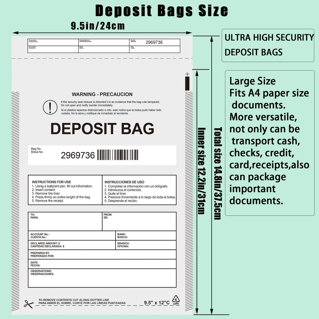 Plastic Deposit Bags 100-Pack Opaque 9.5''x 15'', Opaque Security Bank Deposits Bags,Cash register bag,Money bag for Cash,Bank Pocket,Tamper-Evident Bag,Unique Barcode