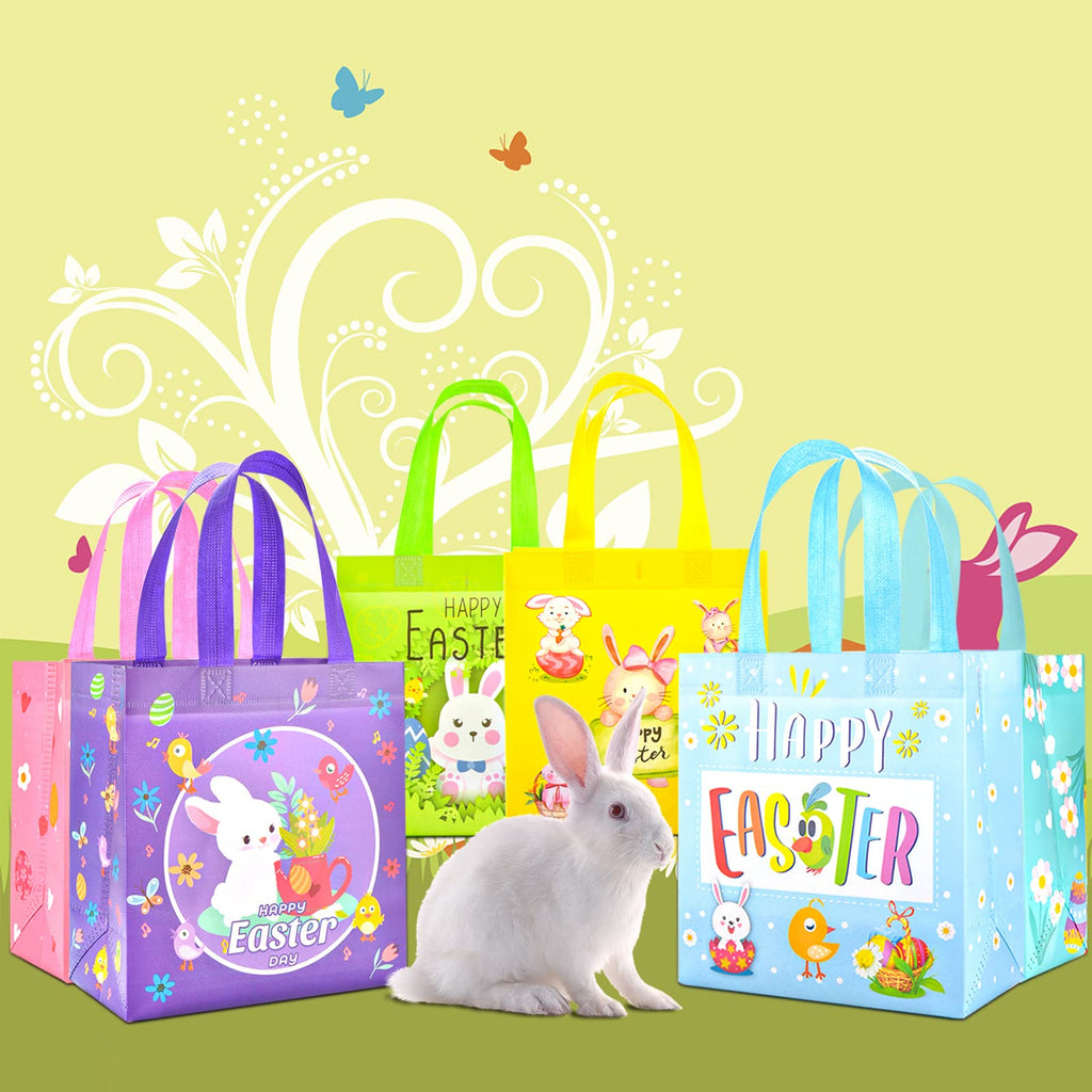 AhfuLife Easter Gift Bags with Handles, Easter Egg Hunt Bags for Kids, Reusable Non-woven Easter Rabbit Bunny Bag for Easter Egg Hunt Party Supplies Decorations, 9"×4.33"×8.46" (Easter medium bags 12pcs)