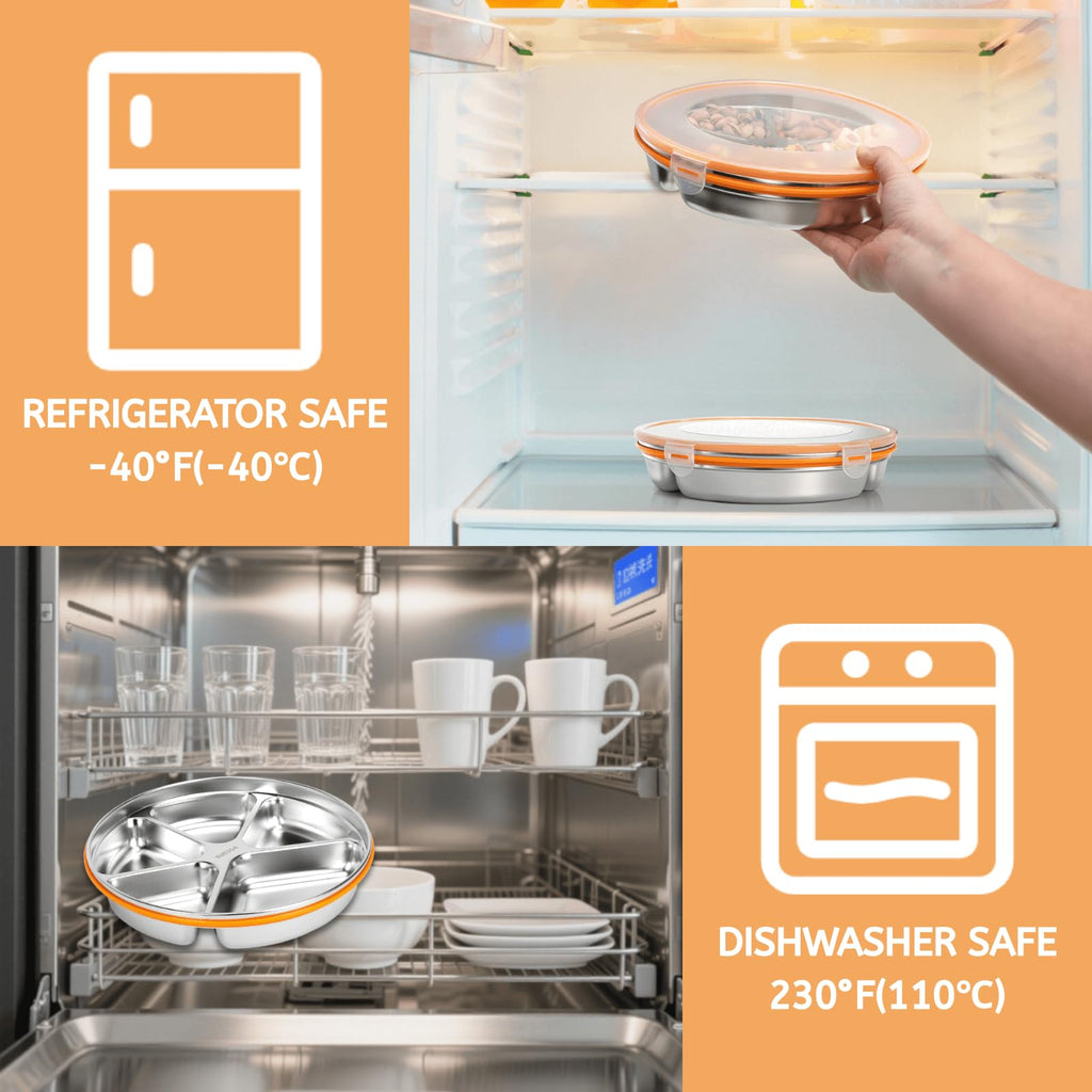 YOUEON 2 Pack Stainless Steel Divided Serving Tray with Lid, 5 Compartments Round Veggie Tray Snack Box, Reusable Sectioned Food Storage Container for Meal Prep, Party, Entertaining