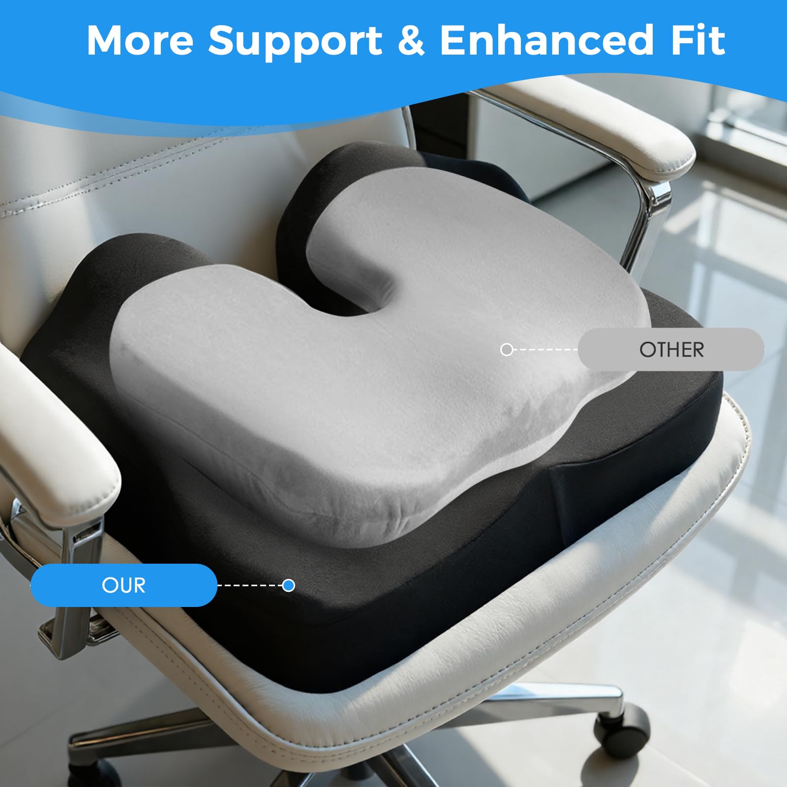 Ergonomic Memory Foam Seat Cushion – Tailbone & Lower Back, Coccyx Support, Office Chair & Car Seat Cushion, Travel & Wheelchair Pad, Breathable, Non-Slip Pressure Ease & Posture Support
