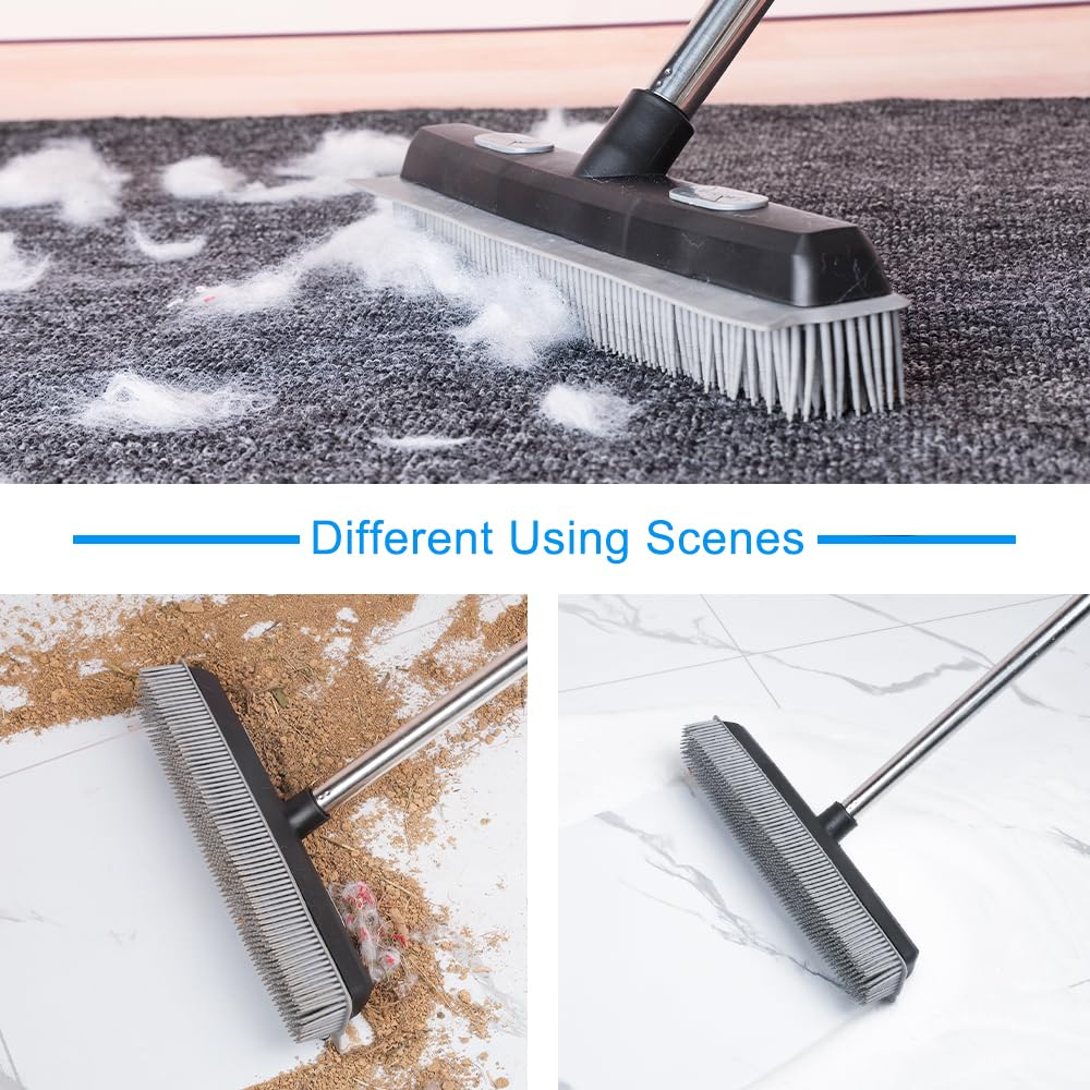 Pet Hair Rubber Broom with Carpet Rake and Squeegee, 2 in 1 Floor Brush for Carpet, 62 inch Adjustable Handle,silicone broom Black (2)