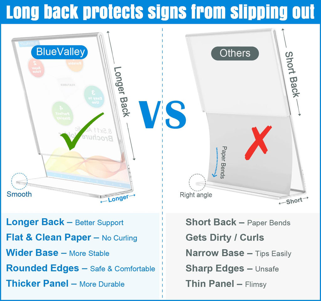 BlueValley Clear Acrylic Sign Holder - 8.5x11" Slant Paper Display Holder for Office Desktop, Acrylic Stand for Display Show Fairs Flyer Brochure, Exhibition Document Poster Ad, Photo Picture Frame, Catering Table Menu-6 Pack