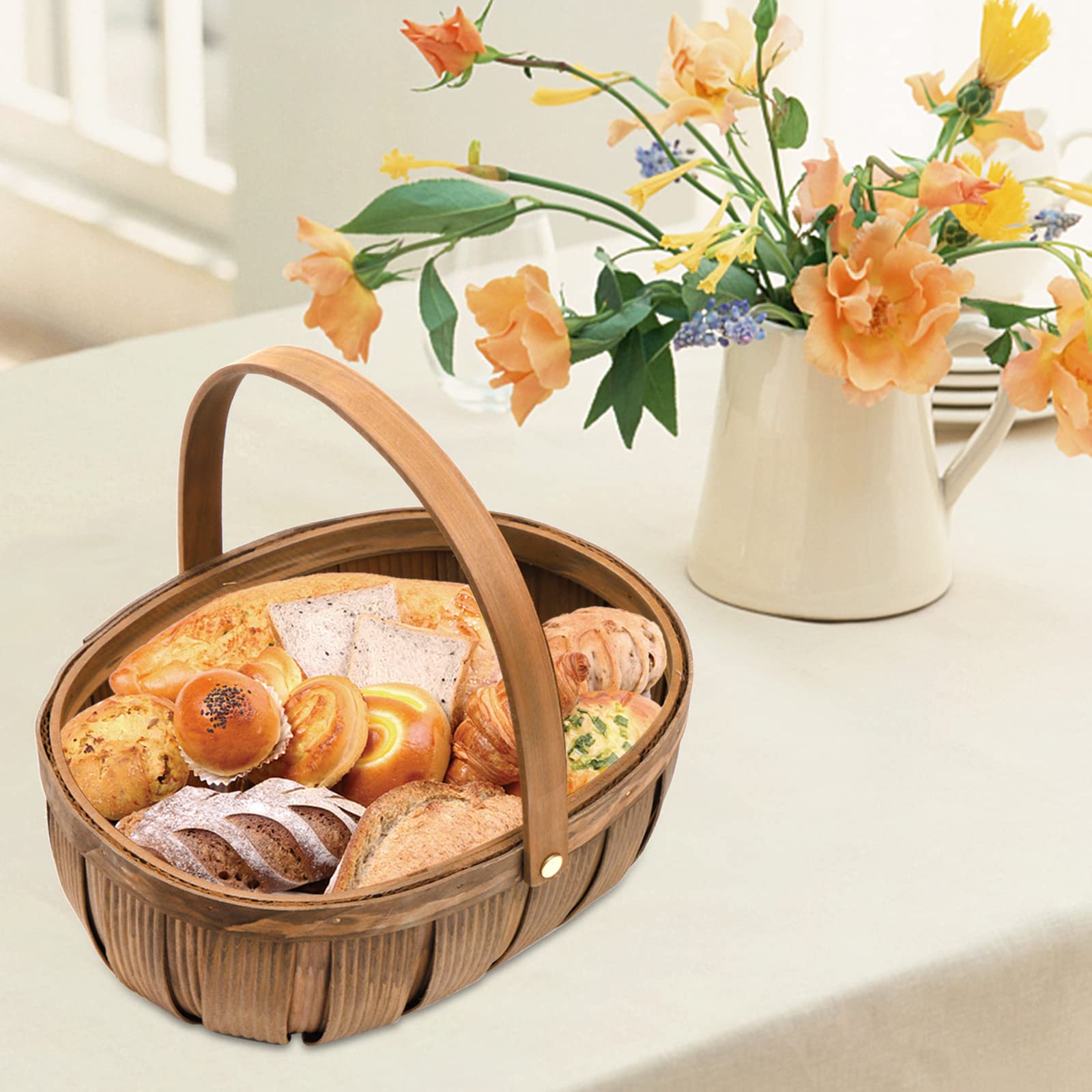 Lawei 3 Pack Wooden Bread Baskets, Wood Chip Picnic Basket with Handles, Handmade Woven Fruits Vegetable Storage Serving Basket Holder, Gift Packing Woven Basket, Flower Girl Baskets for Wedding