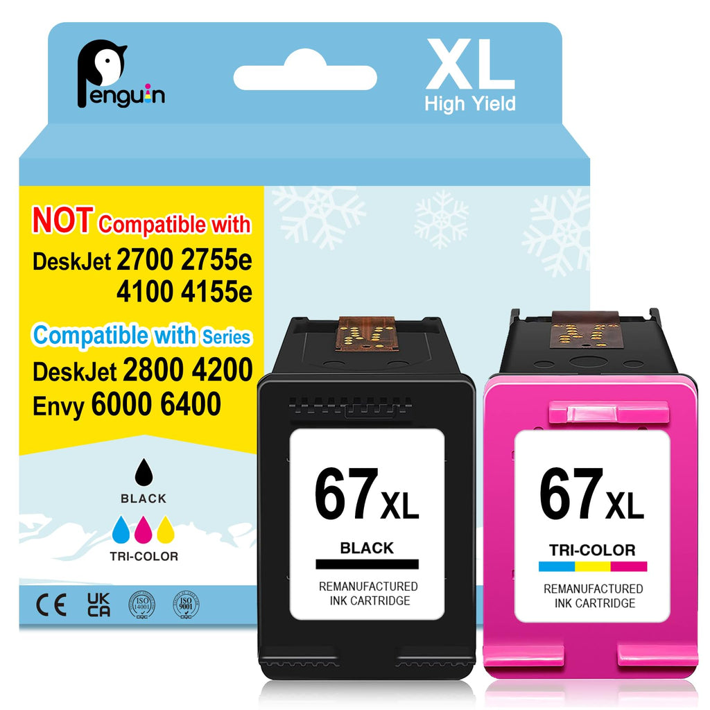 Penguin 67XL Ink Cartridge Replacement for HP 67 XL Deskjet 4200e 4258e 4220e 4255 4255e 4227e 2800e 2827e 2842e 2852e 2855 2855e Envy 6000 6052e Printers 67 Black & Color